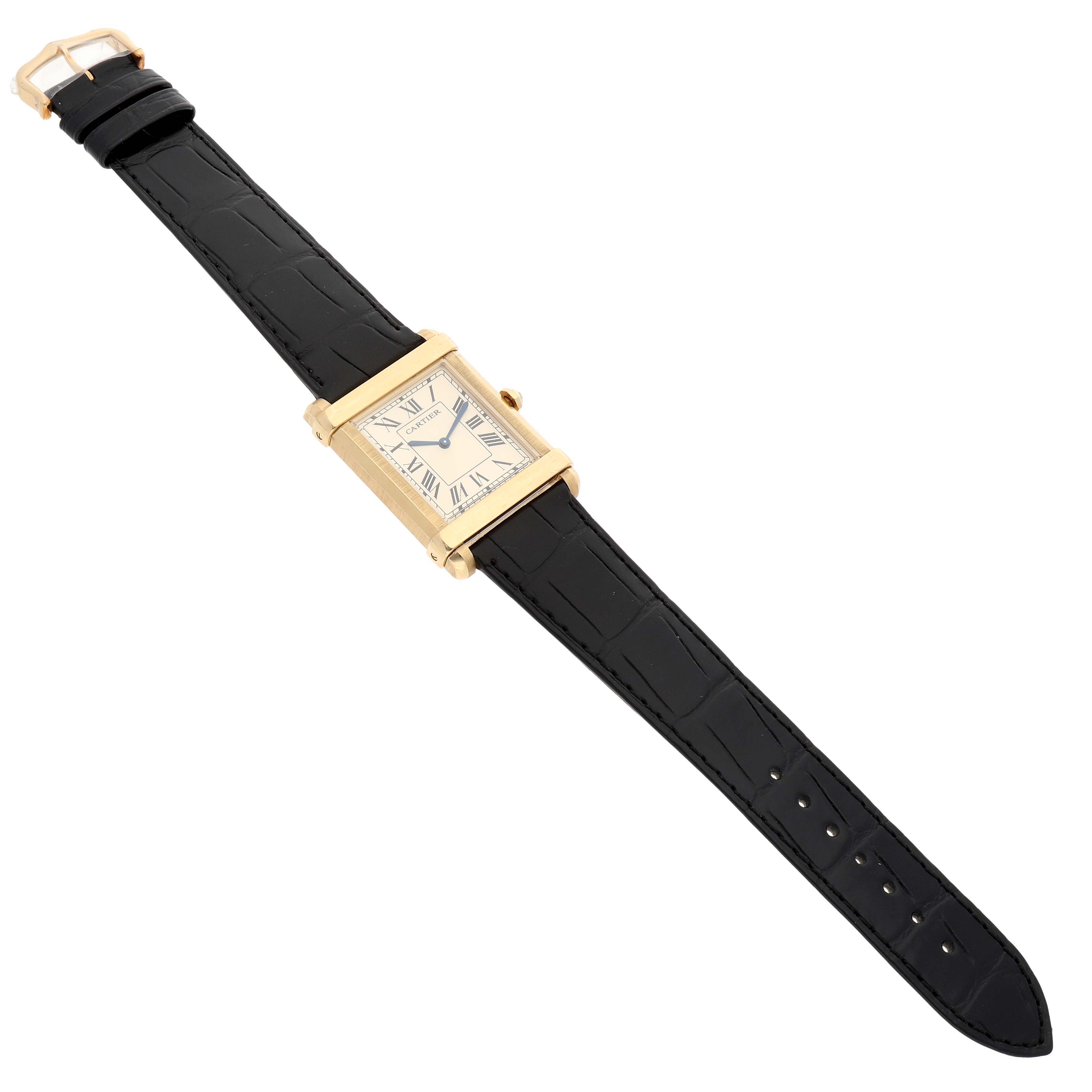 The Cartier Tank Louis WGTA0088 Men's Yellow Gold Champagne Dial watch is shown at a slight angle, highlighting its rectangular case, black leather strap, and crown.