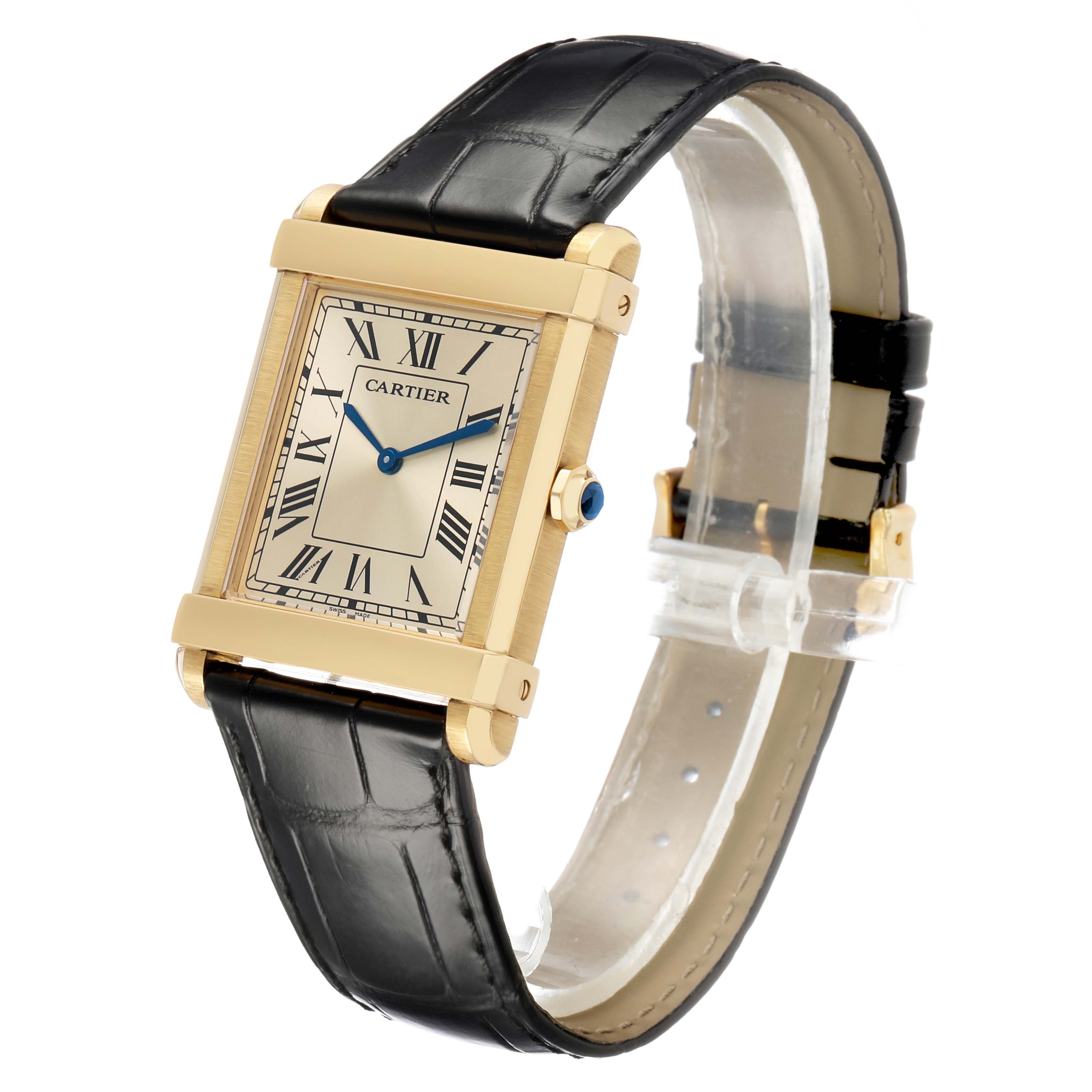 The Cartier Tank Louis WGTA0088 Men's Yellow Gold Champagne Dial watch is shown at a slight angle, highlighting its gold case, Roman numeral dial, and black leather strap.