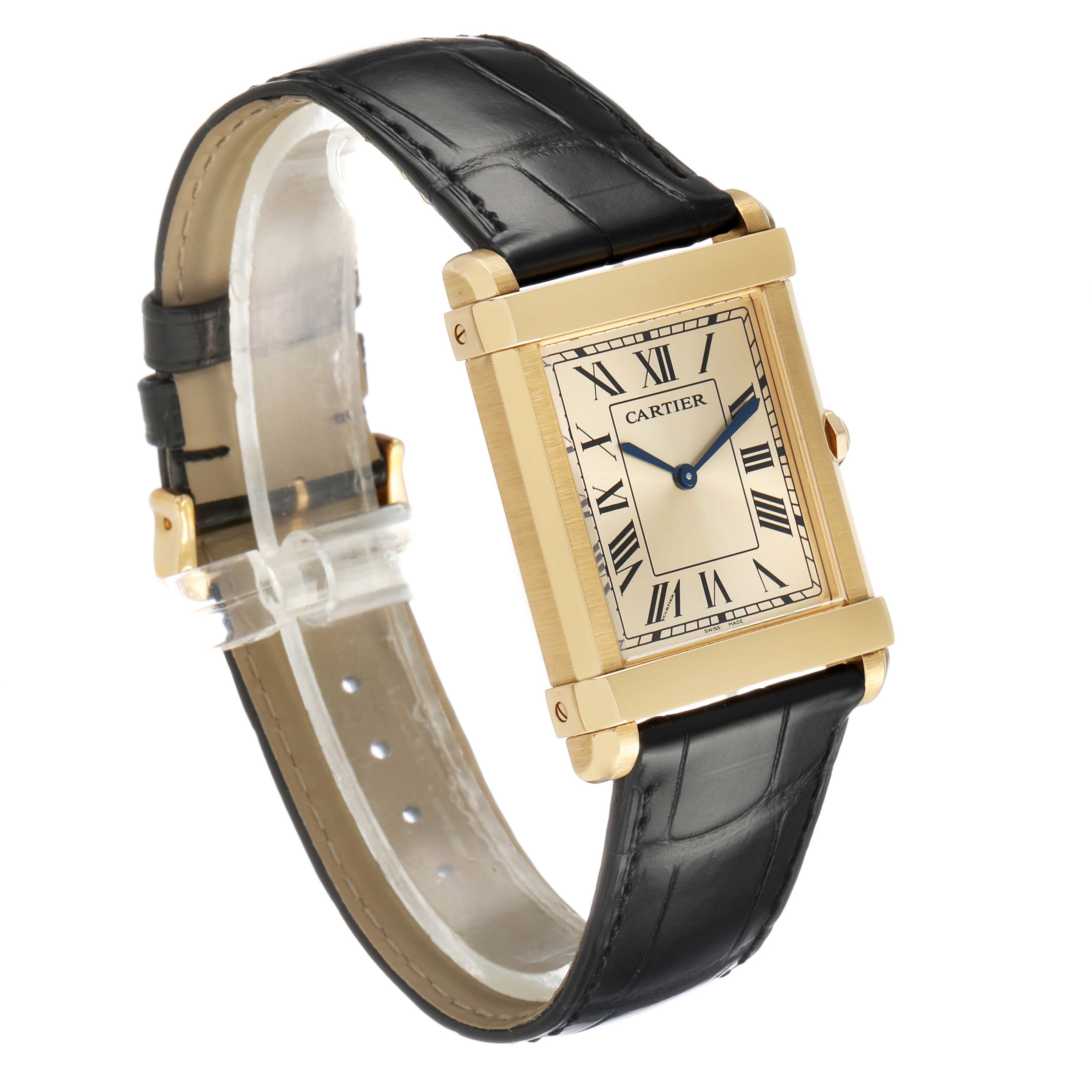 The Cartier Tank Louis WGTA0088 Men's Yellow Gold Champagne Dial watch is shown at an angled side view, highlighting its rectangular case and black leather strap.