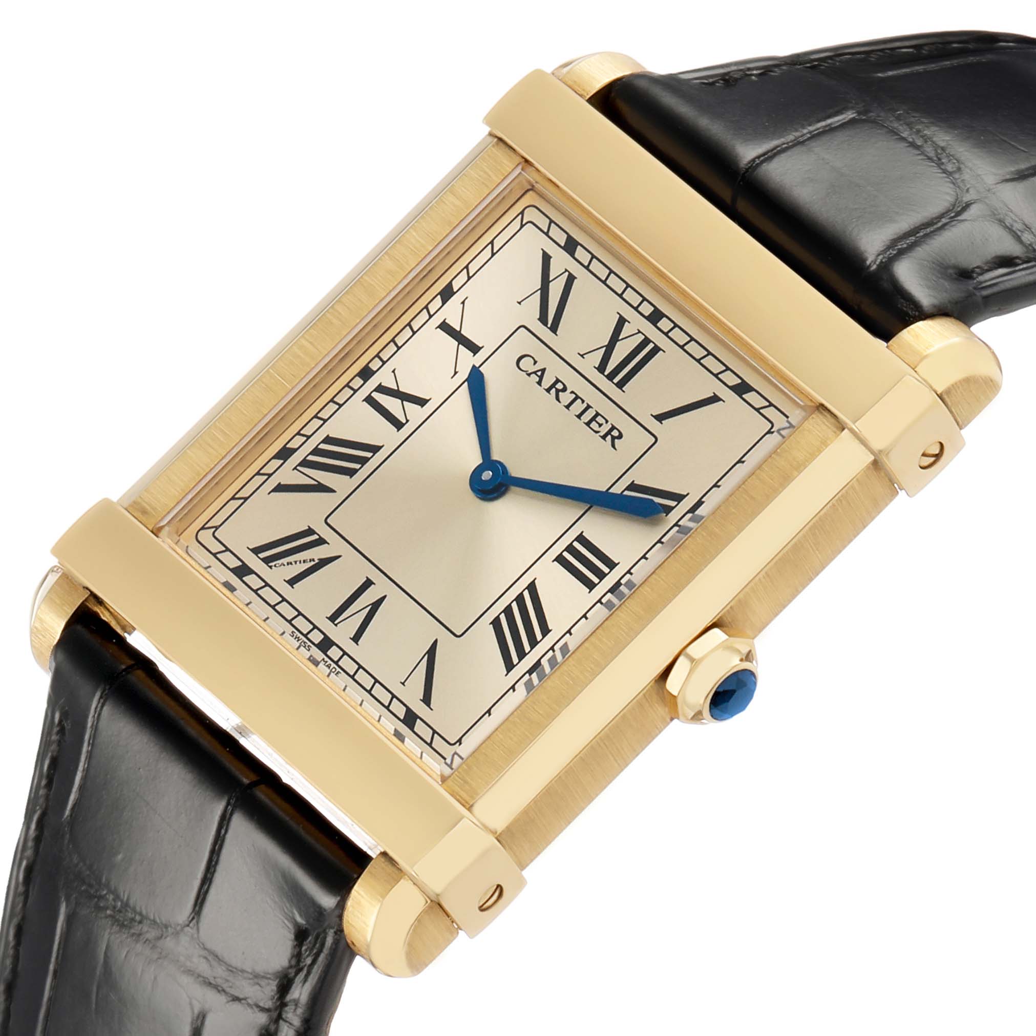 The Cartier Tank Louis WGTA0088 Men's Yellow Gold Champagne Dial watch is shown at a slight angle, highlighting its rectangular gold case, blue hands, and black strap.