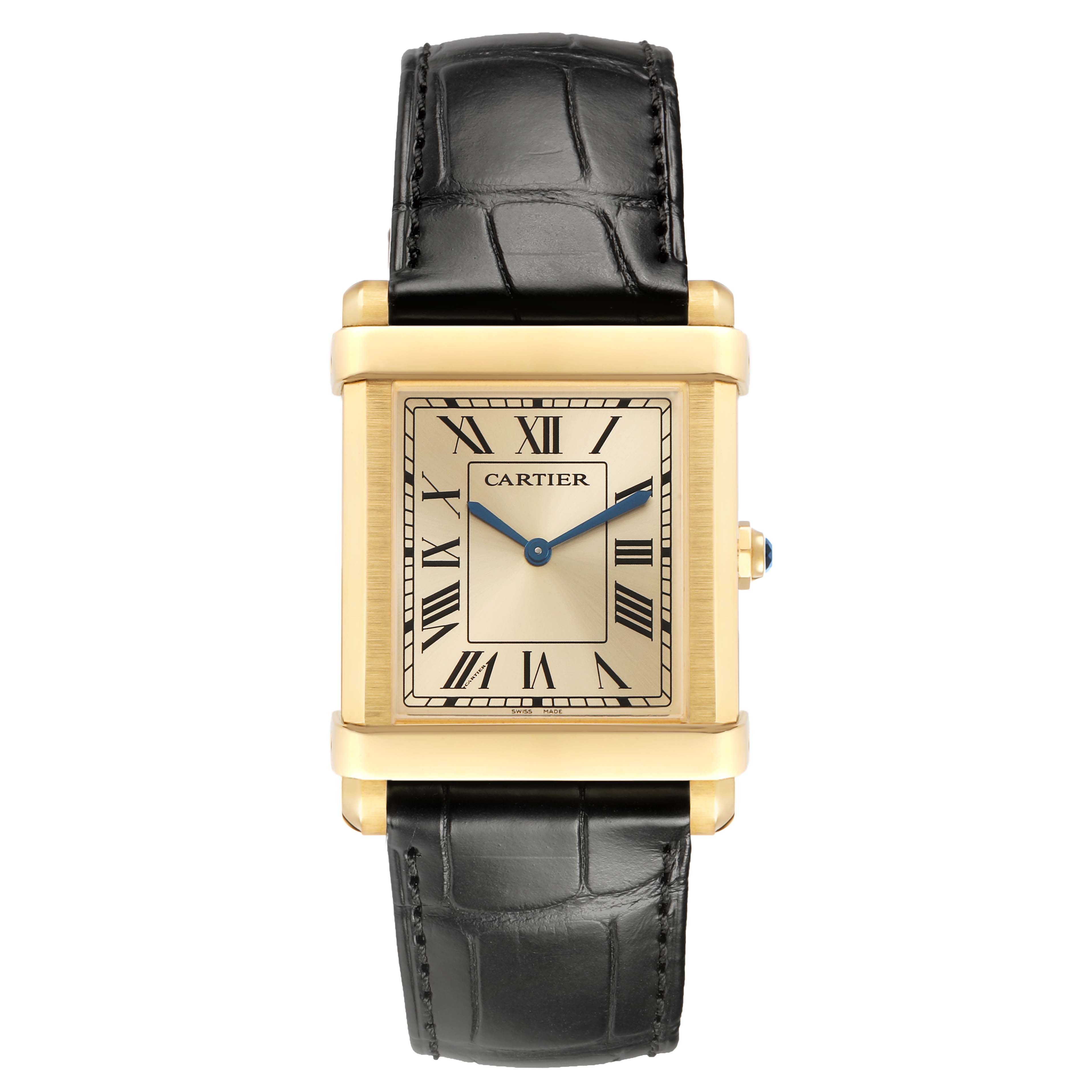 The Cartier Tank Louis WGTA0088 Men's Yellow Gold Champagne Dial watch is shown from a frontal angle, highlighting its case, dial, hands, and strap.