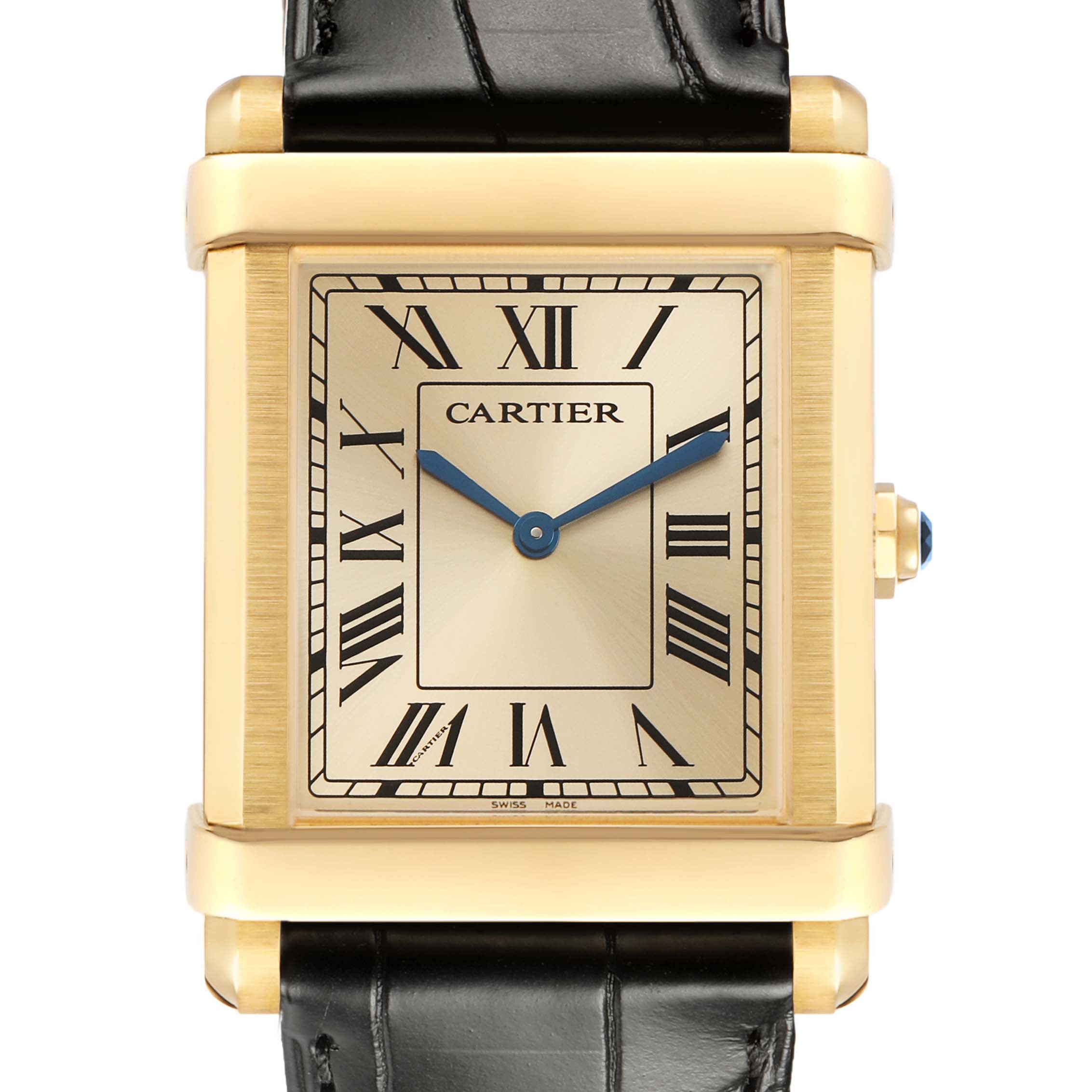 The Cartier Tank Louis WGTA0088 Men's Yellow Gold Champagne Dial watch is shown from the front, highlighting the face, Roman numerals, blue hands, and black leather strap.