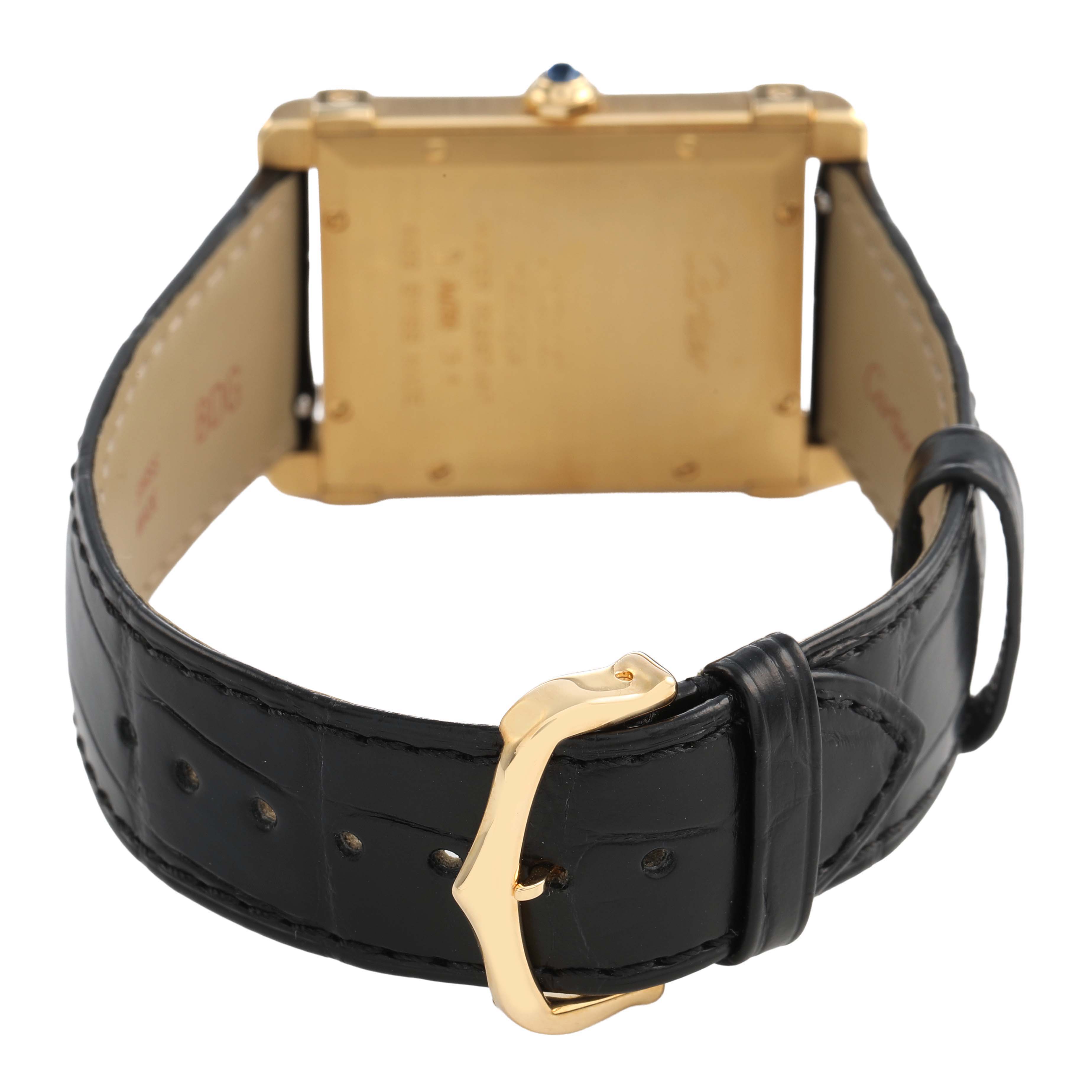 The image shows the back and strap of a Cartier Tank Louis WGTA0088 Men's Yellow Gold Champagne Dial watch, highlighting its buckle and gold case.