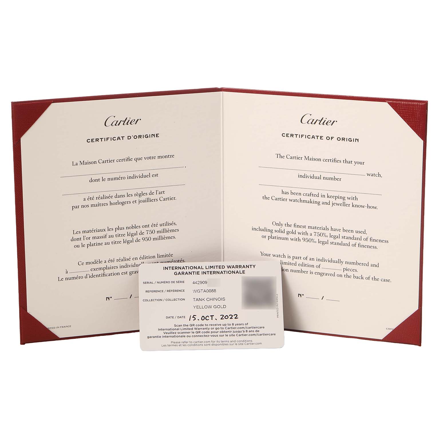 The image shows the Cartier Tank Louis WGTA0088 Men's Yellow Gold Champagne Dial watch's certificate of origin and an international warranty card.