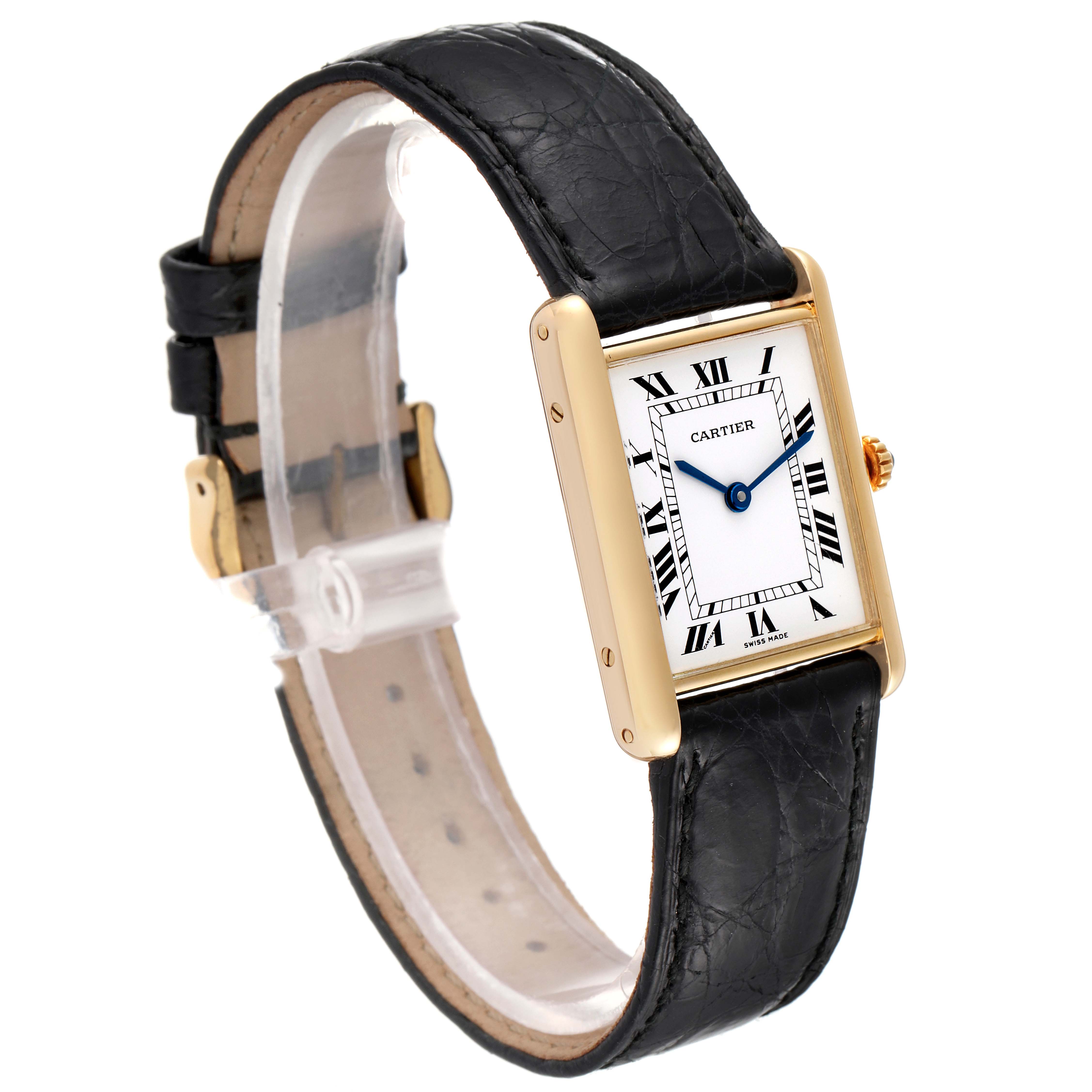 This image displays a Cartier Tank Classic Women's Yellow Gold White Dial Women's Yellow Gold White Dial watch at an angle showing the face, straps, and case.