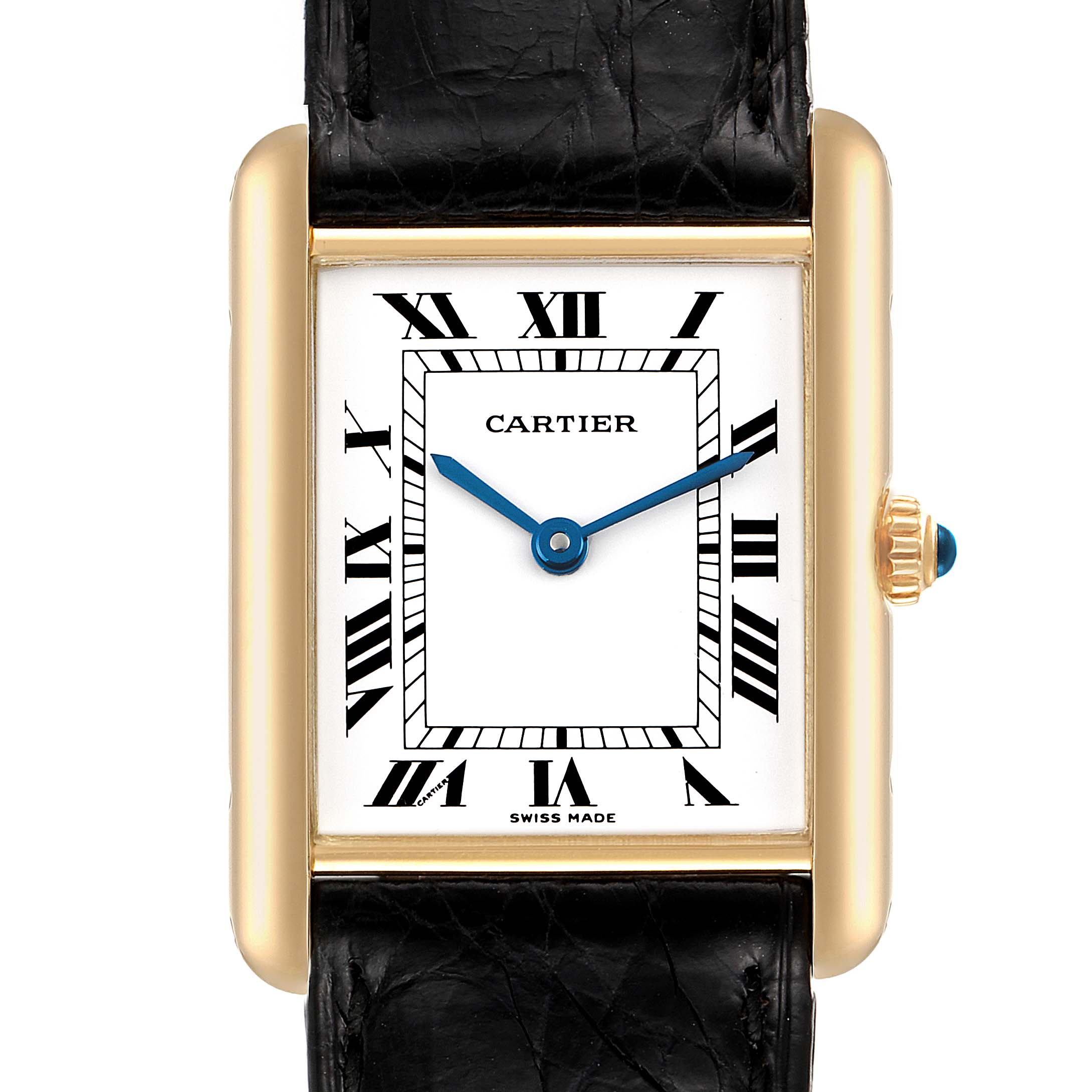 This image shows a frontal view of the Cartier Tank Classic Women's Yellow Gold White Dial Women's Yellow Gold White Dial watch, including its face, Roman numerals, and black strap.