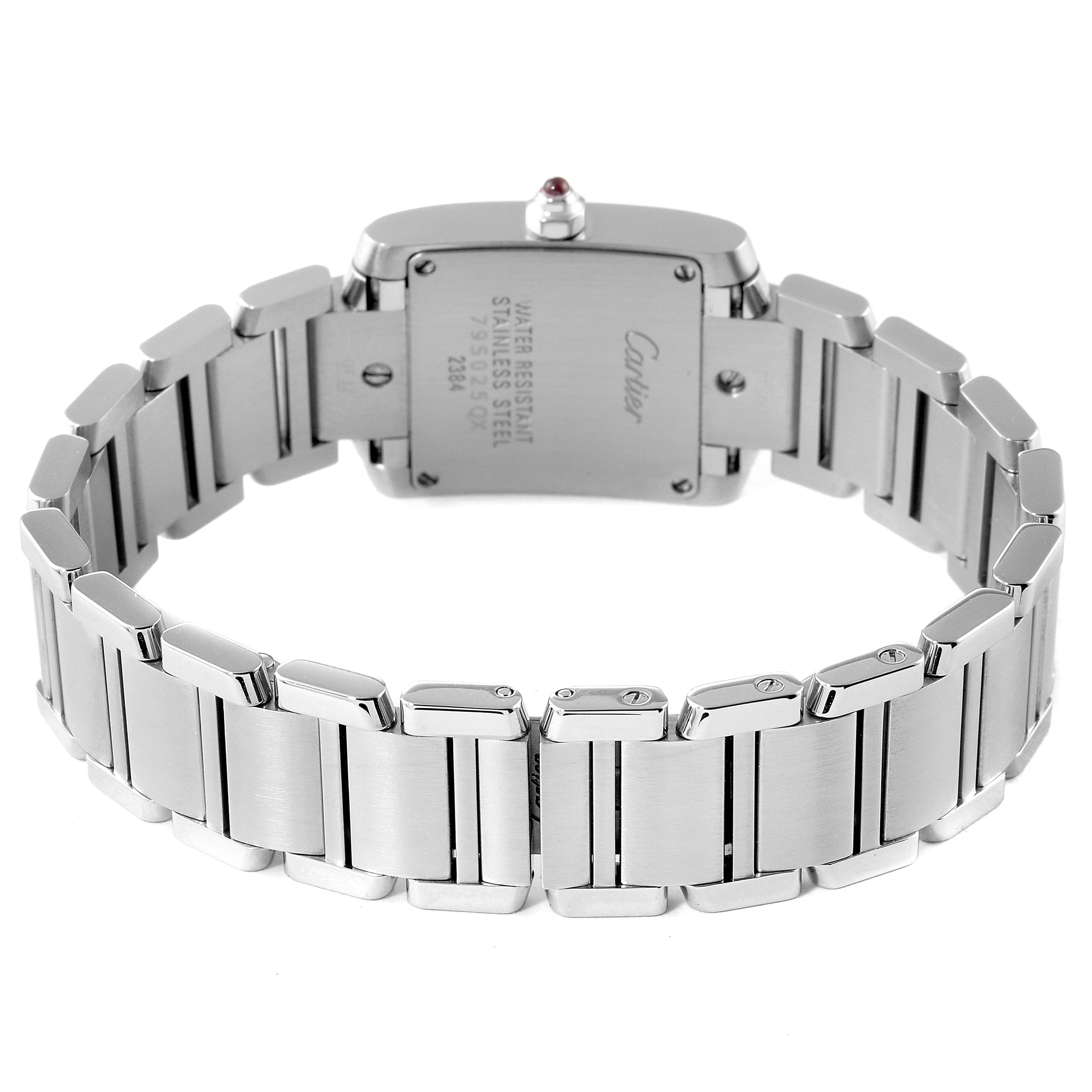 The image shows the back view of the Cartier Tank Francaise W51028Q3 Women's Stainless Steel Mother of Pearl Dial W51028Q3 Women's Stainless Steel Mother of Pearl Dial watch, highlighting its stainless steel case and bracelet.