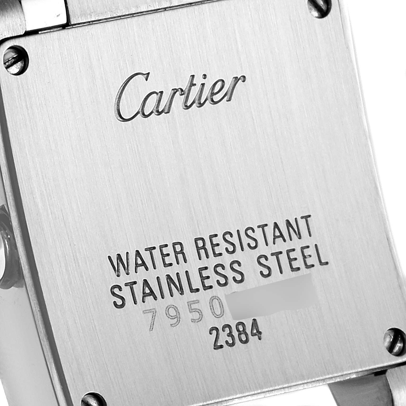 This image shows the back case of a Cartier Tank Française watch, highlighting its water resistance and stainless steel material.