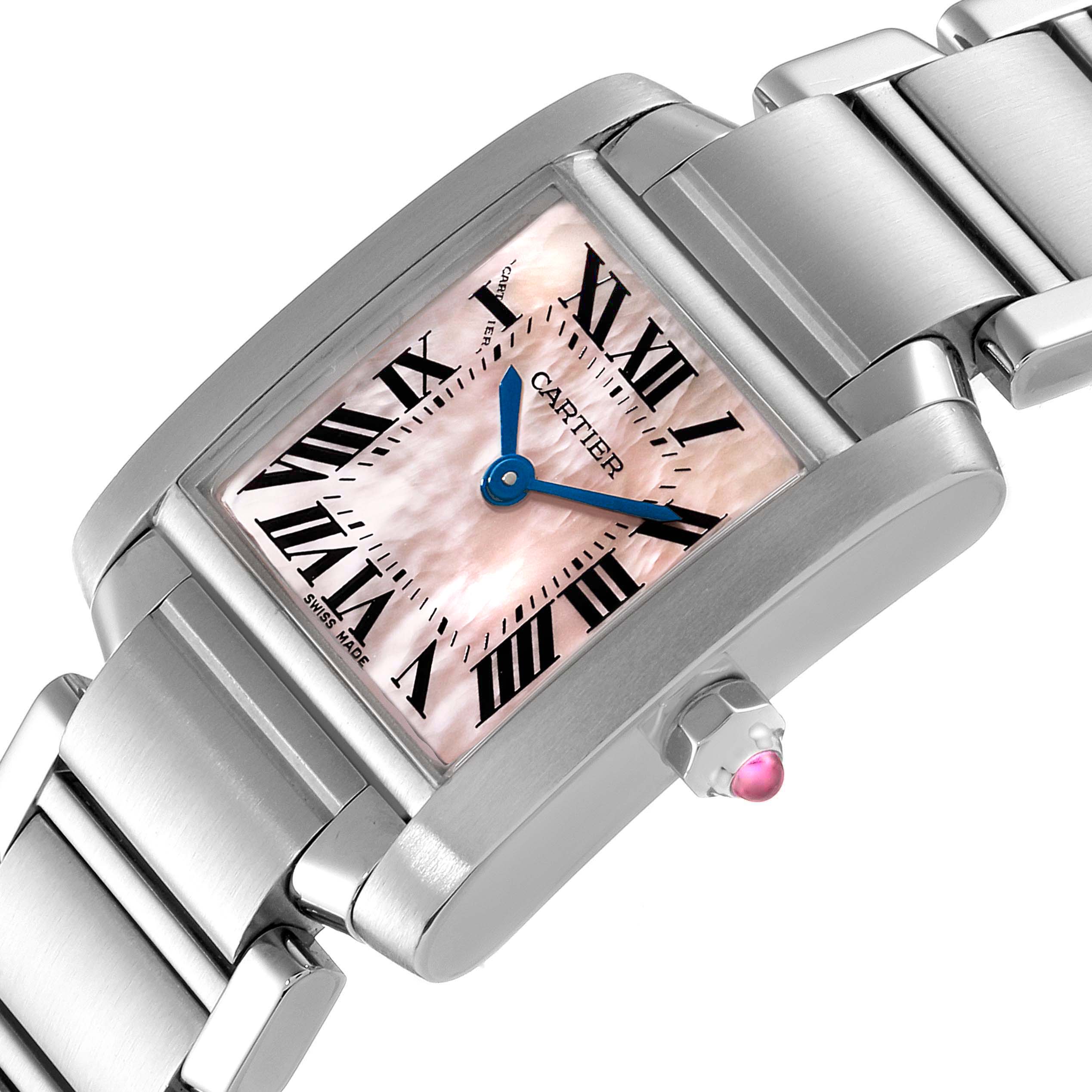 The image shows a close-up of the dial and part of the bracelet of a Cartier Tank Française watch.