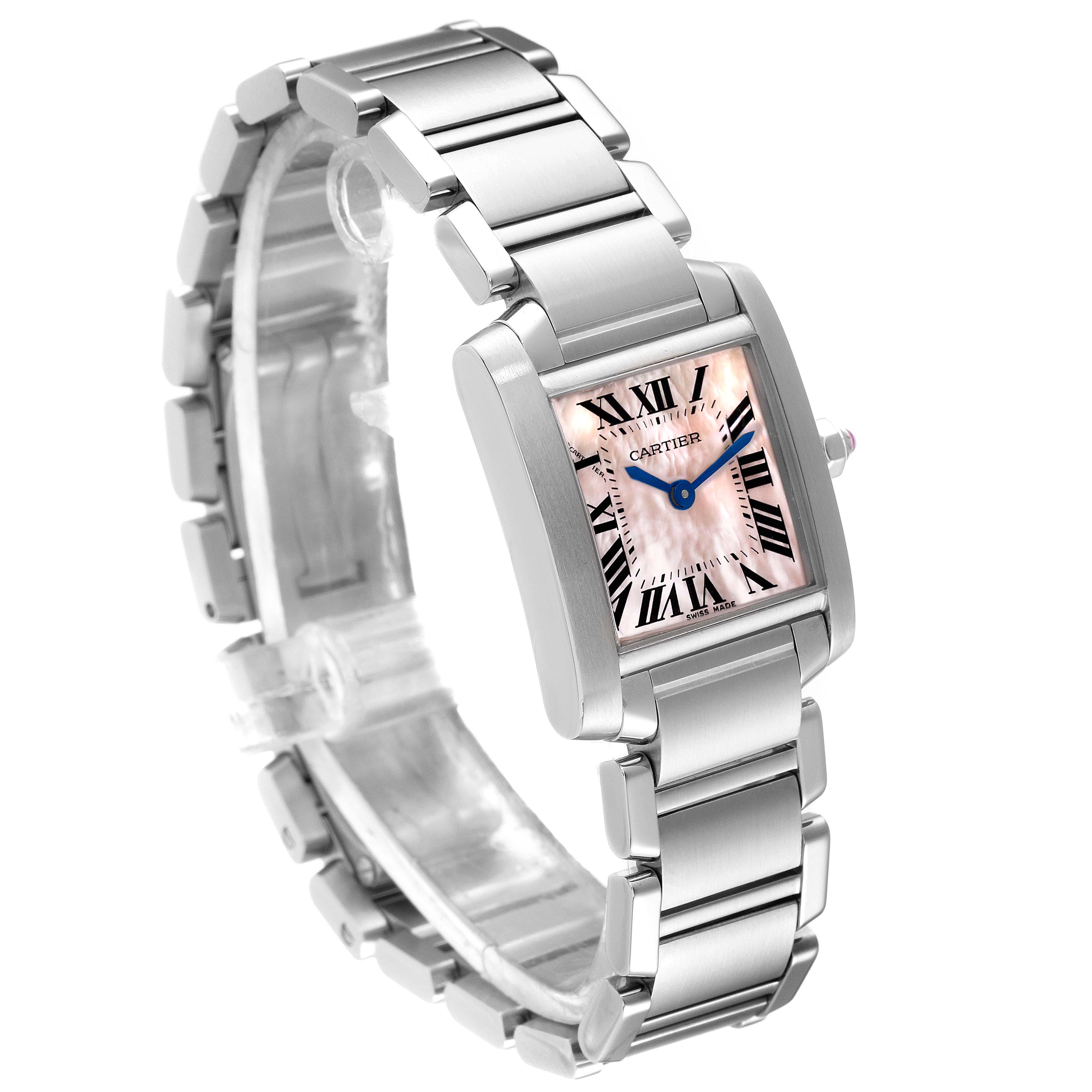 The Cartier Tank Francaise W51028Q3 Women's Stainless Steel Mother of Pearl Dial W51028Q3 Women's Stainless Steel Mother of Pearl Dial watch is shown at an angle highlighting the face, band, and side profile.
