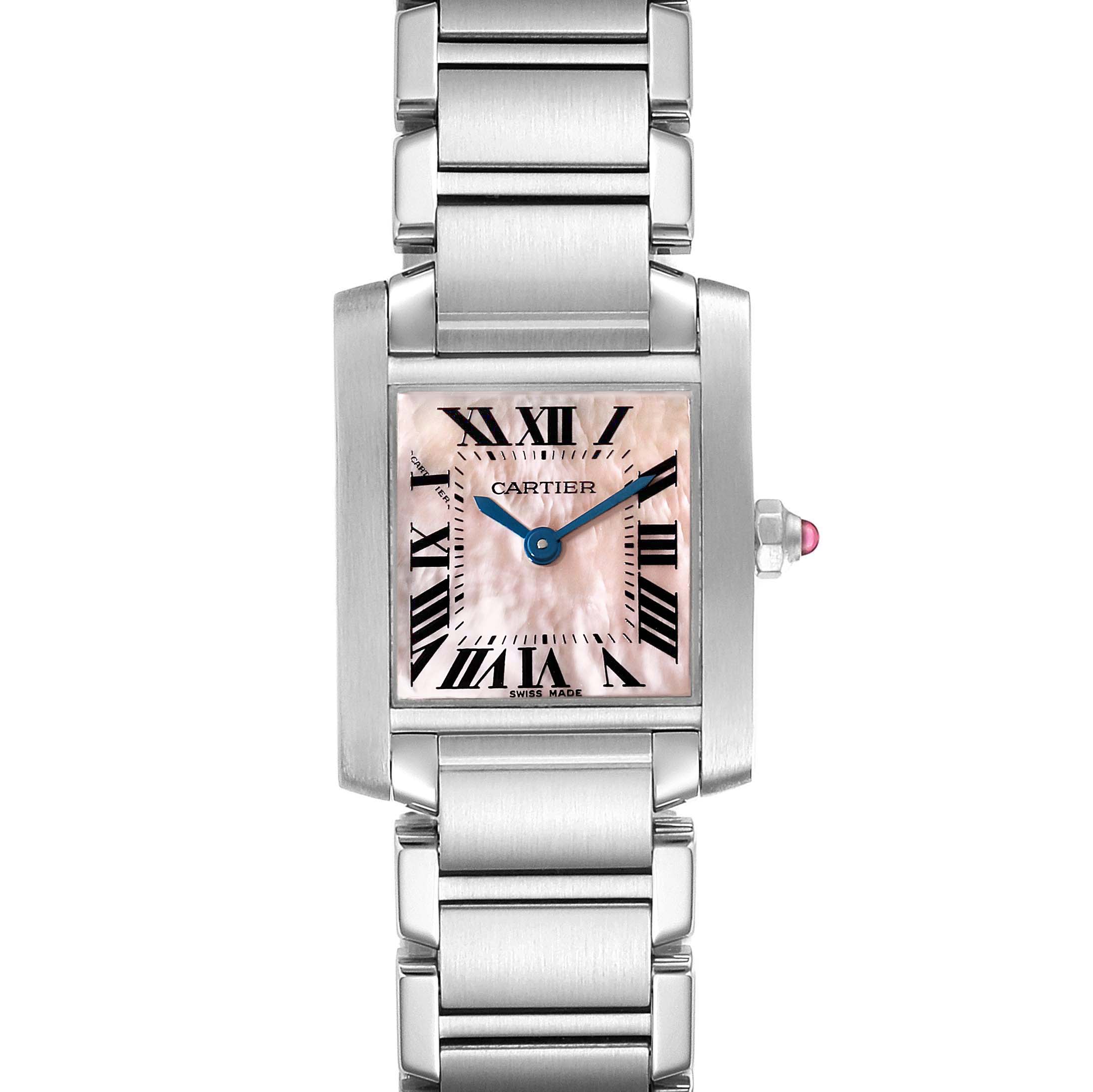 This image shows a front view of the Cartier Tank Francaise W51028Q3 Women's Stainless Steel Mother of Pearl Dial W51028Q3 Women's Stainless Steel Mother of Pearl Dial watch, highlighting its stainless steel bracelet, rectangular case, and Roman numeral dial.