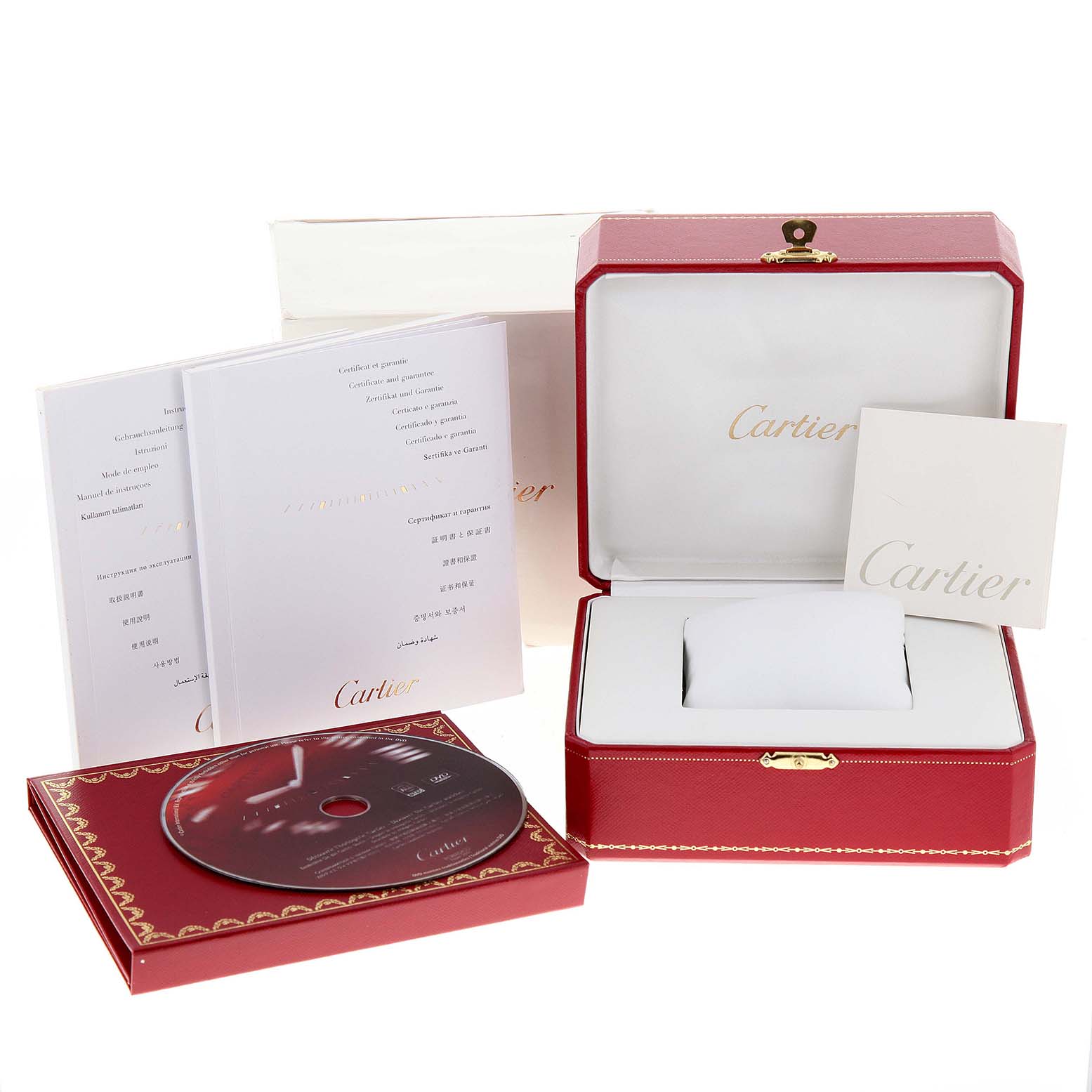 The image shows a Cartier Tank Francaise W51028Q3 Women's Stainless Steel Mother of Pearl Dial W51028Q3 Women's Stainless Steel Mother of Pearl Dial watch box set with manuals, disc, and a red presentation box.