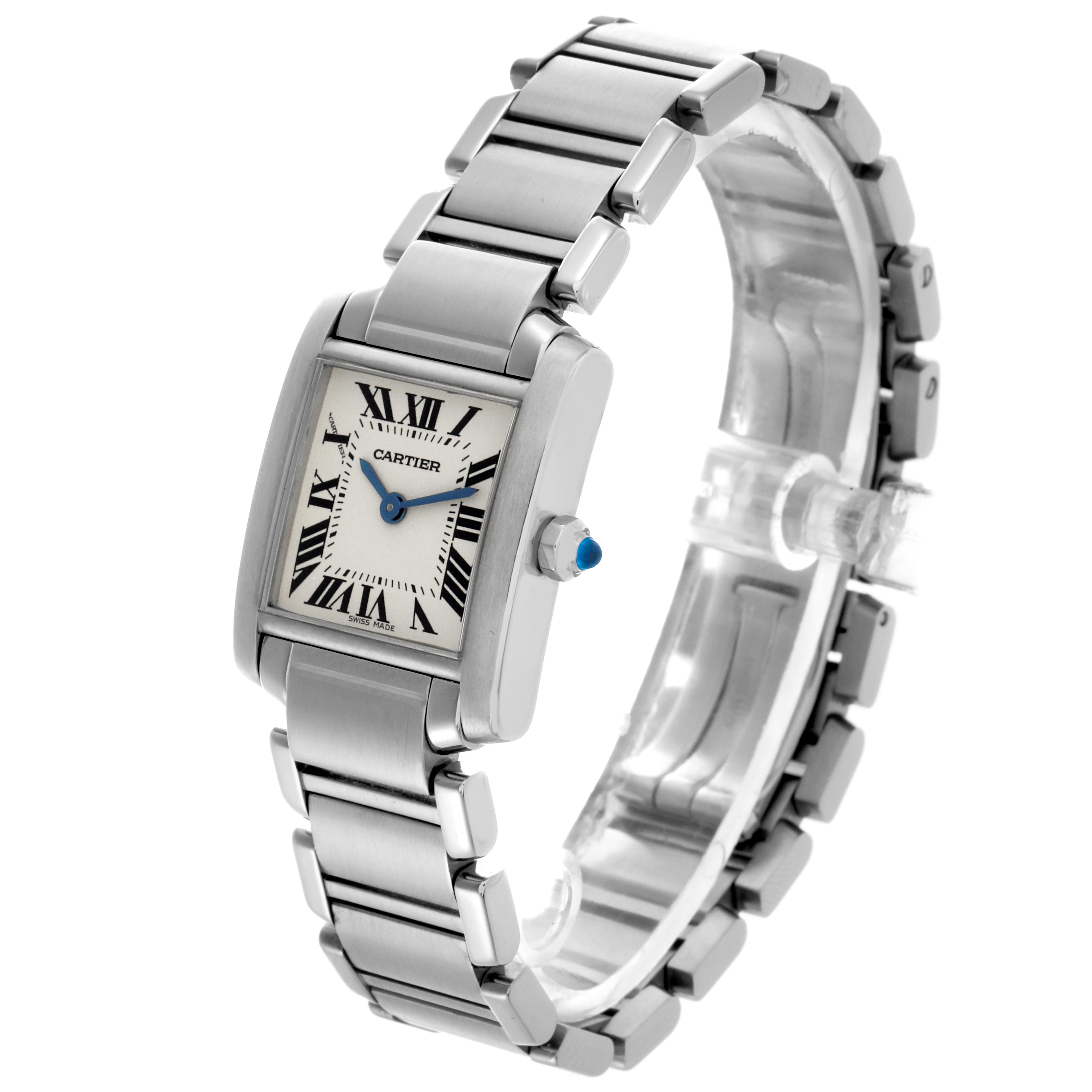 The Cartier Tank Française watch is shown at an angle displaying the face, bracelet, and side, highlighting its rectangular design.
