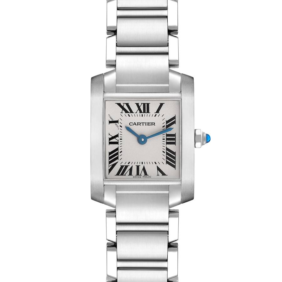 The Cartier Tank Française watch is shown from a front angle, displaying its face, Roman numerals, blue hands, and metal bracelet.