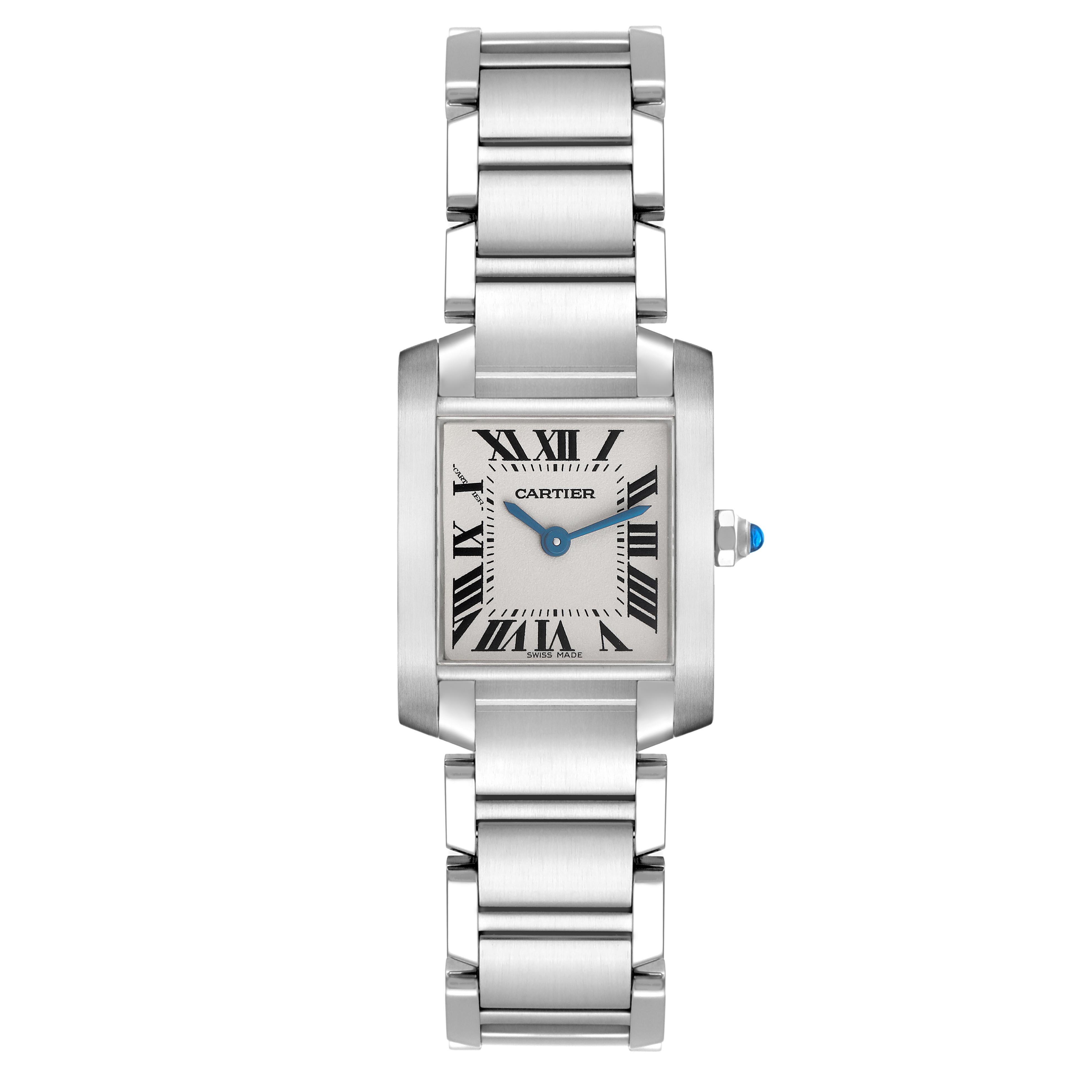 The image shows a frontal view of the Cartier Tank Française watch, highlighting its face, Roman numerals, and bracelet.