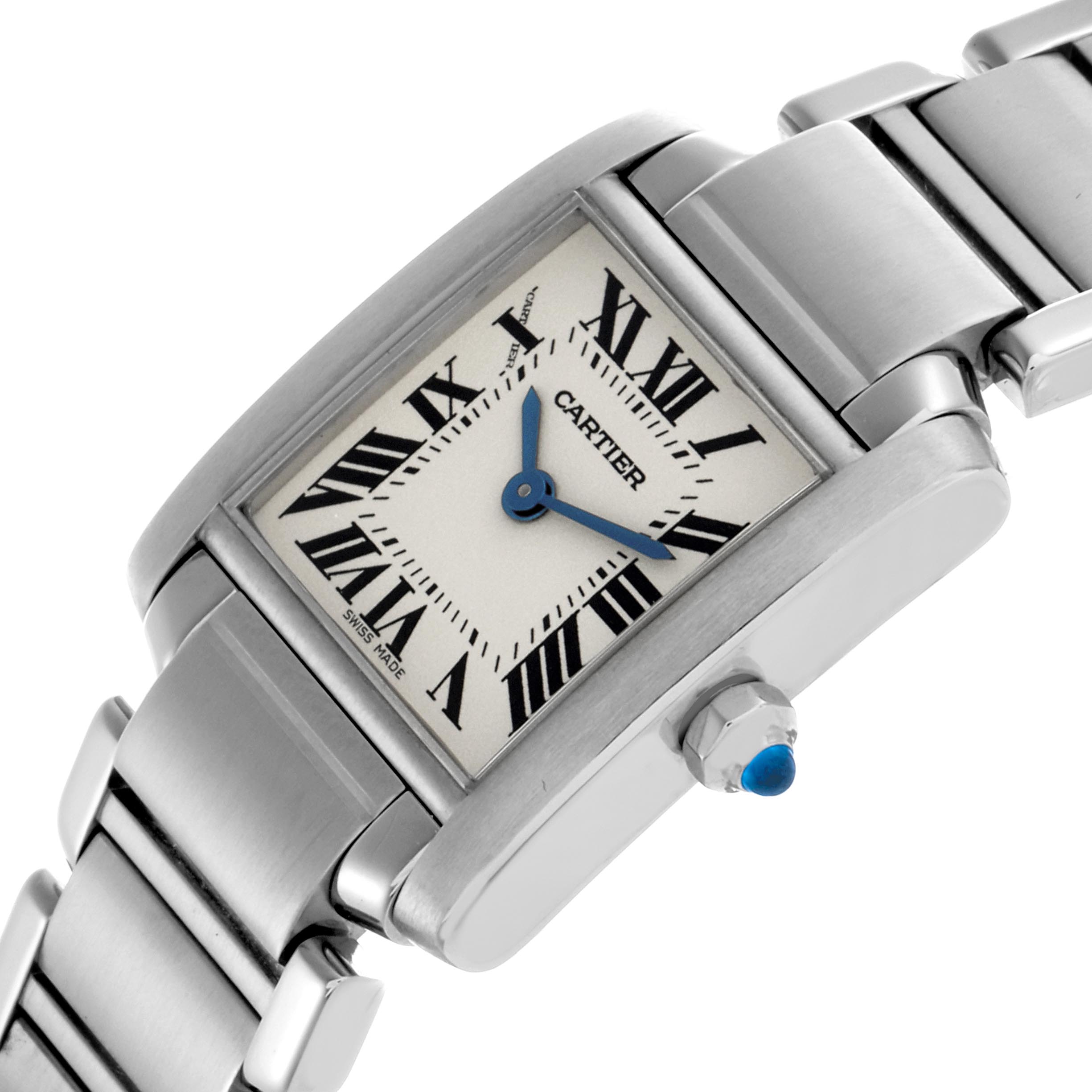 The Cartier Tank Francaise W51008Q3 Women
s Stainless Steel Silver Dial W51008Q3 Women
s Stainless Steel Silver Dial watch is shown at an angled view, highlighting its face, Roman numerals, blue hands, and bracelet.