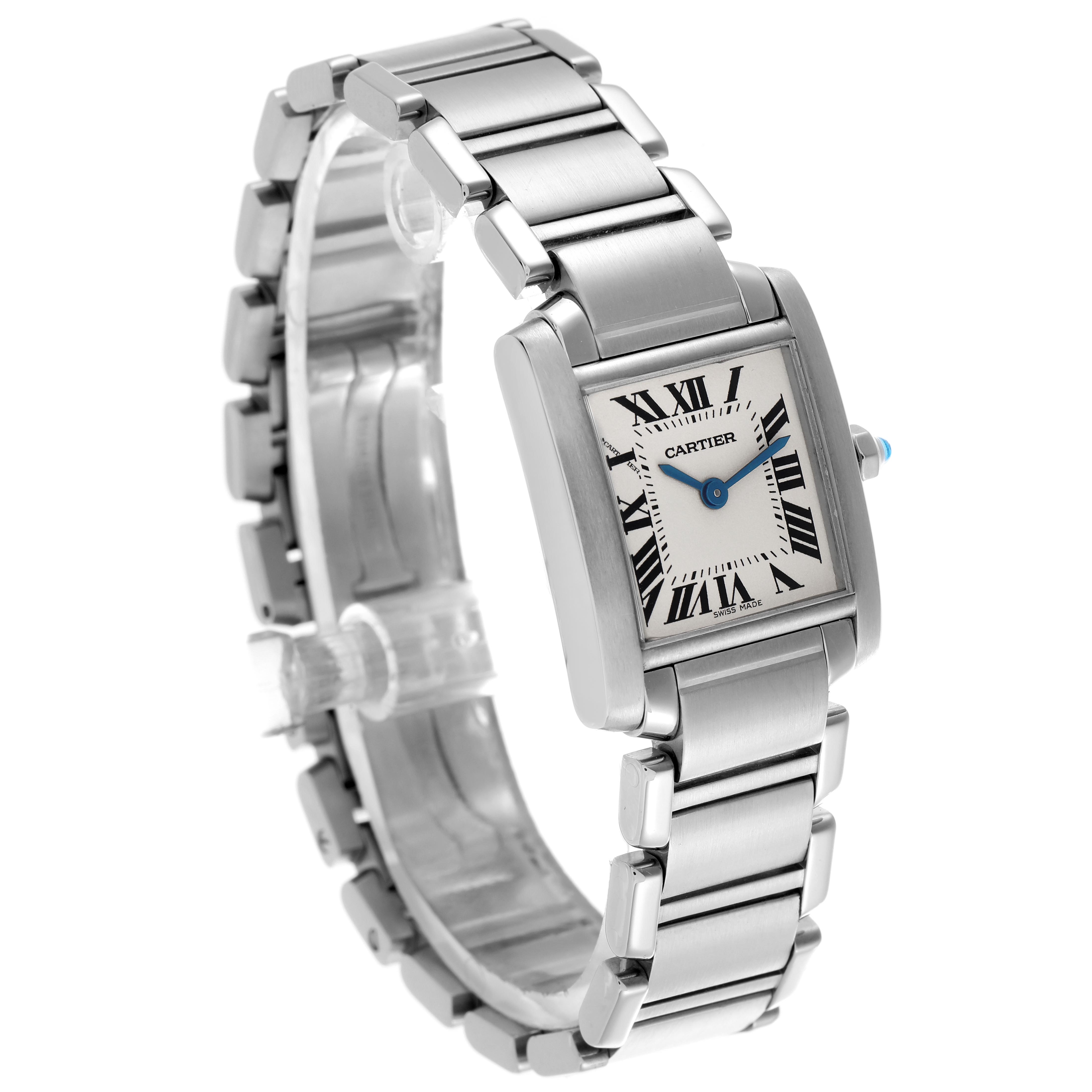 The Cartier Tank Francaise W51008Q3 Women
s Stainless Steel Silver Dial W51008Q3 Women
s Stainless Steel Silver Dial watch is shown at a slight angle, highlighting its rectangular face, Roman numerals, and metal bracelet.