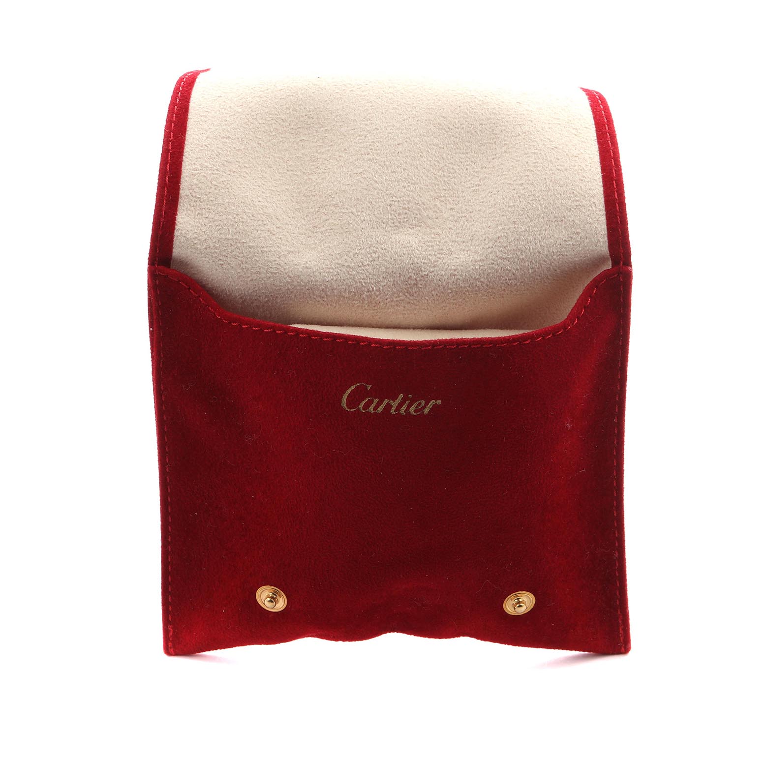 The image shows a red Cartier watch pouch for the Tank Francaise model, featuring a flap and two gold buttons.