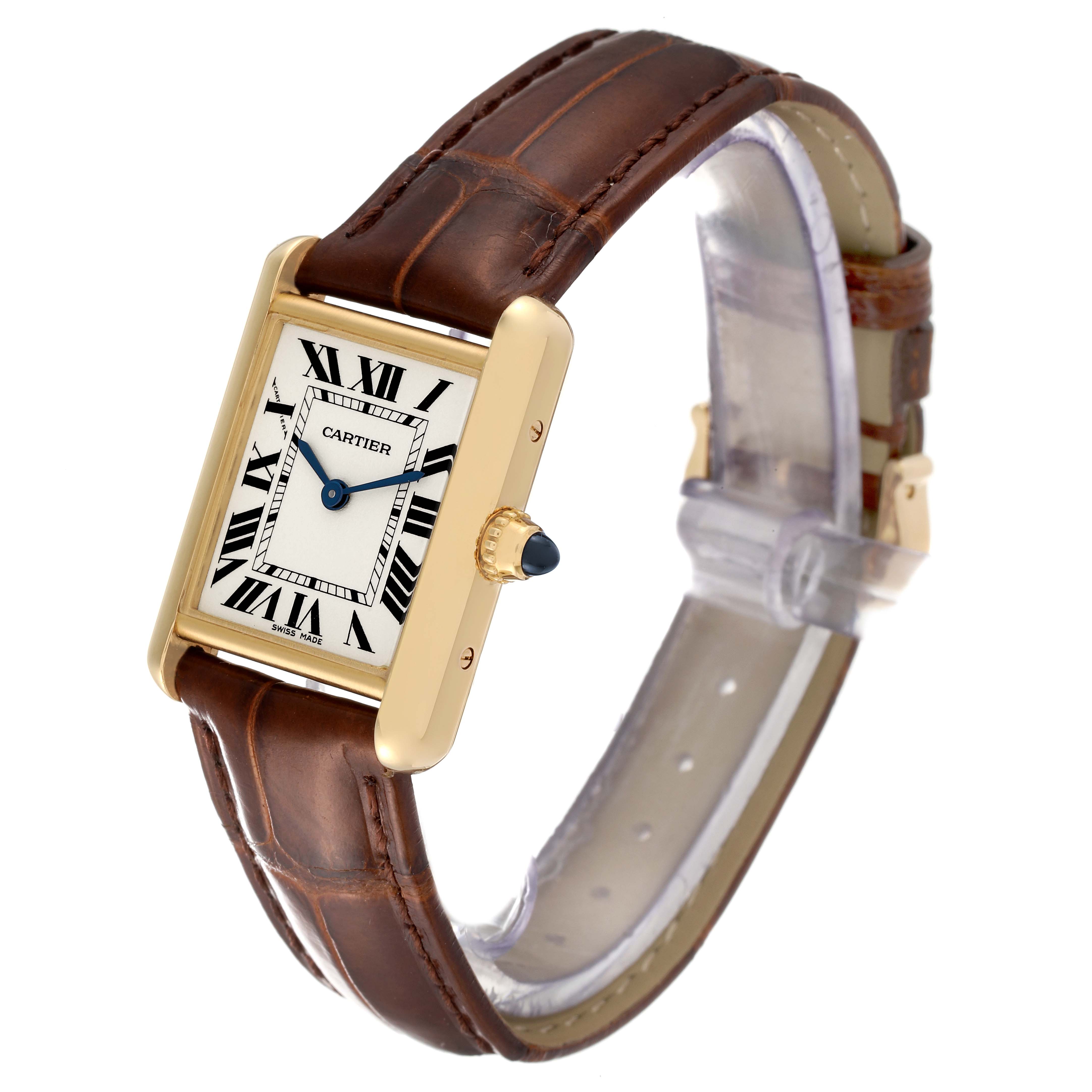 The image shows a Cartier Tank Louis W1529856 Women's Yellow Gold Silver Dial W1529856 Women's Yellow Gold Silver Dial watch at a three-quarter angle, highlighting the face, crown, and brown leather strap.