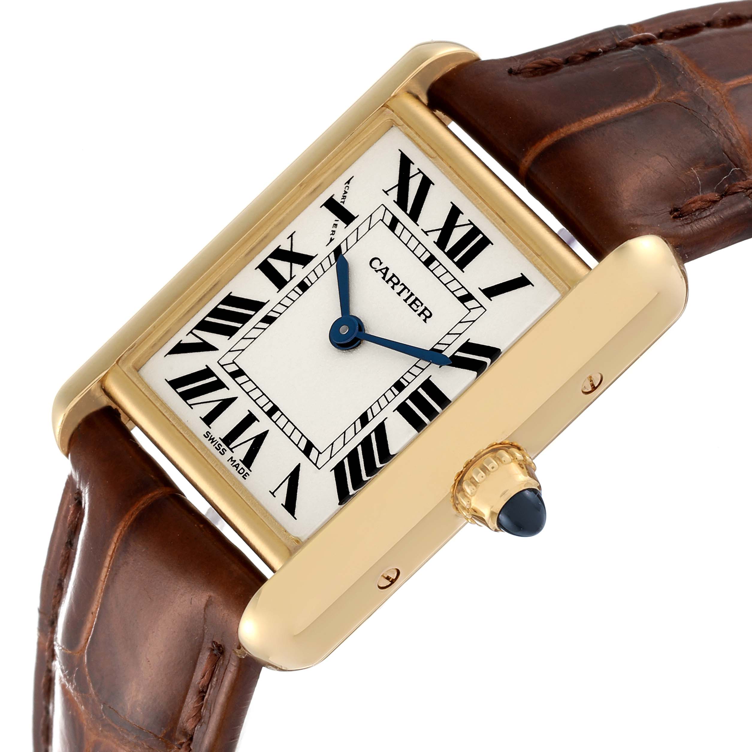 This image shows a close-up angled view of a Cartier Tank Louis W1529856 Women's Yellow Gold Silver Dial W1529856 Women's Yellow Gold Silver Dial watch, highlighting the face, bezel, crown, and brown leather strap.
