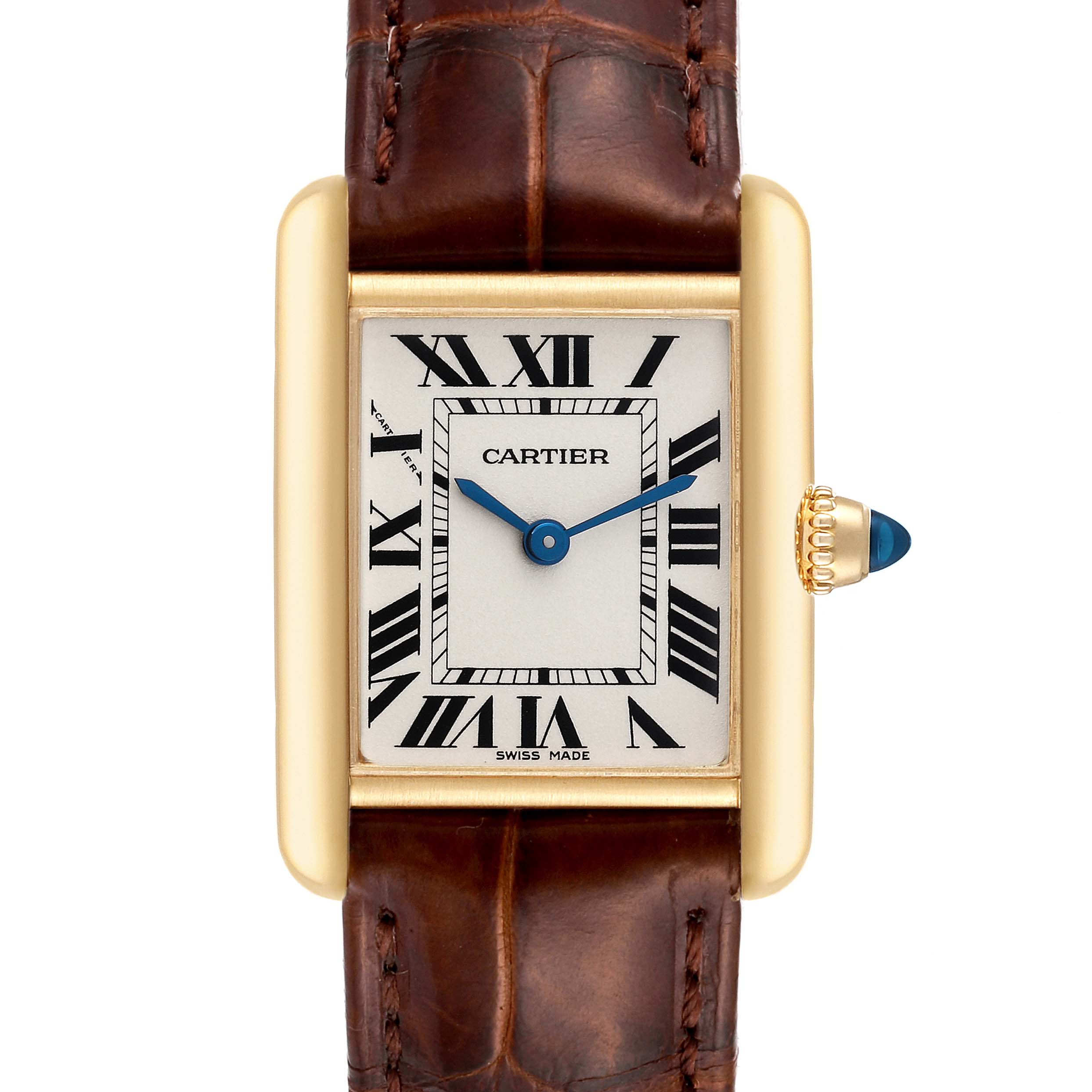 The image shows a Cartier Tank Louis W1529856 Women's Yellow Gold Silver Dial W1529856 Women's Yellow Gold Silver Dial watch from the front, featuring its leather strap, rectangular dial with Roman numerals, and blue sapphire crown.