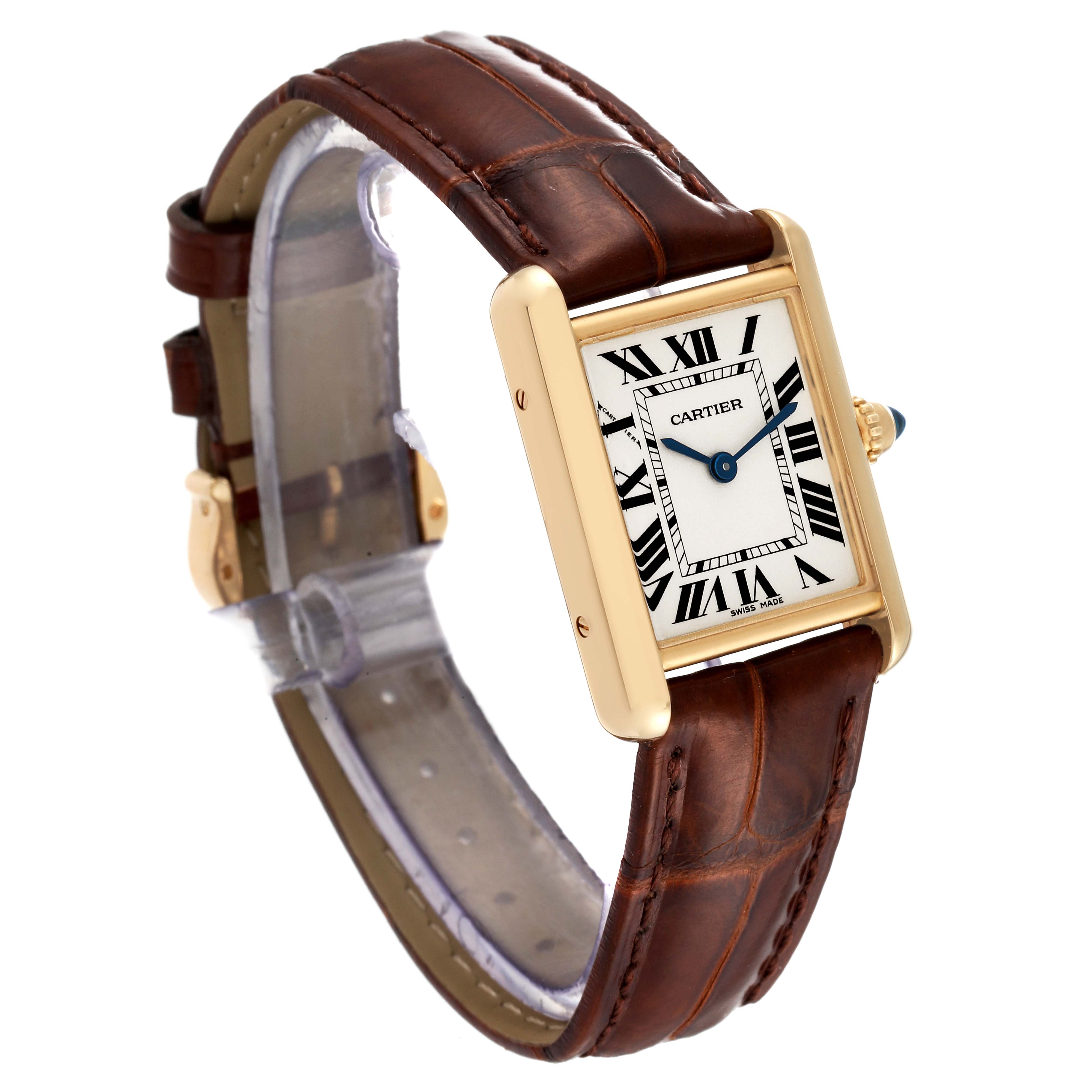 The image shows a side angle of the Cartier Tank Louis W1529856 Women's Yellow Gold Silver Dial W1529856 Women's Yellow Gold Silver Dial watch, highlighting its rectangular face and leather strap.