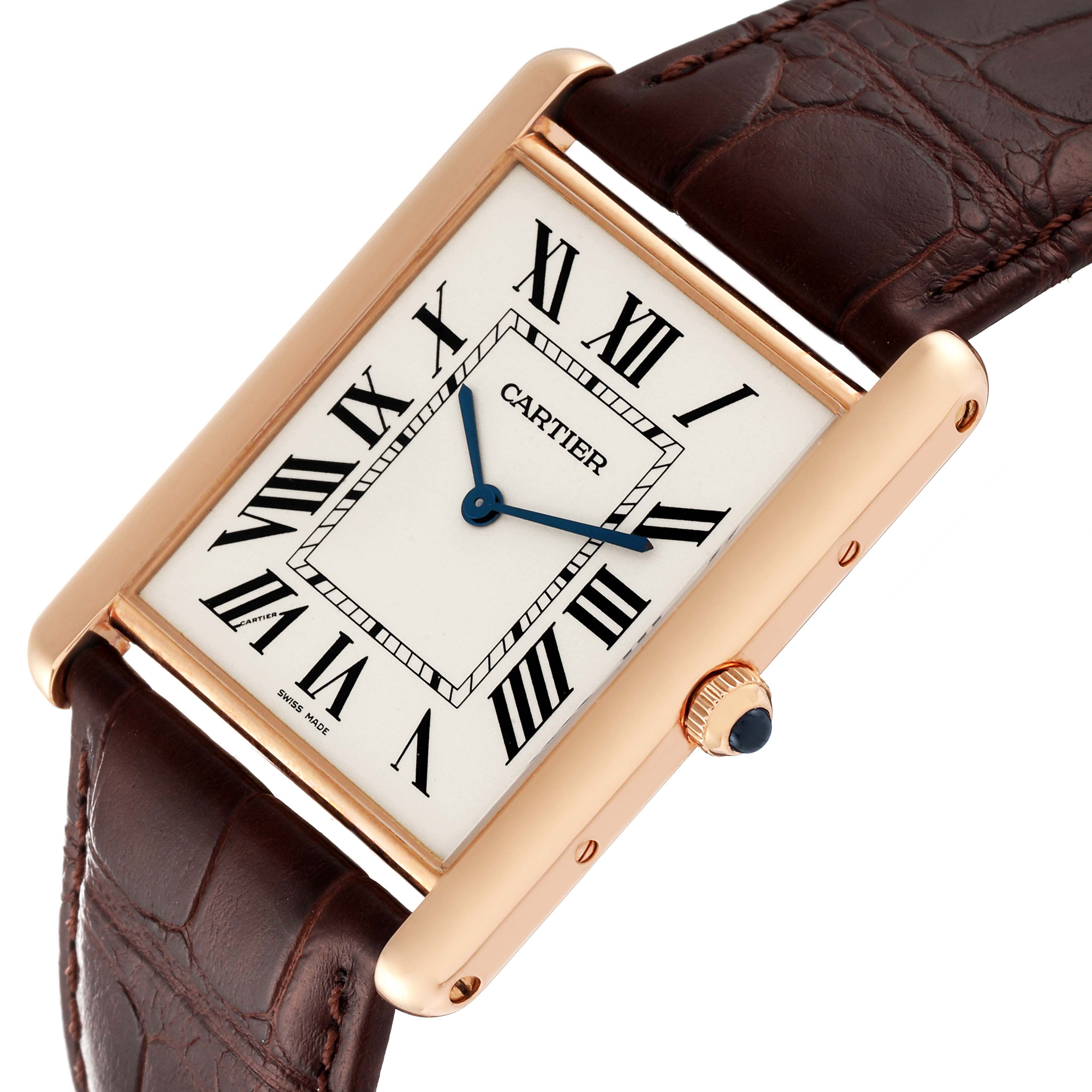The Cartier Tank Louis W1560017 Men's Rose Gold Silver Dial W1560017 Men's Rose Gold Silver Dial watch is shown from a side angle, displaying its face, case, leather strap, and crown.