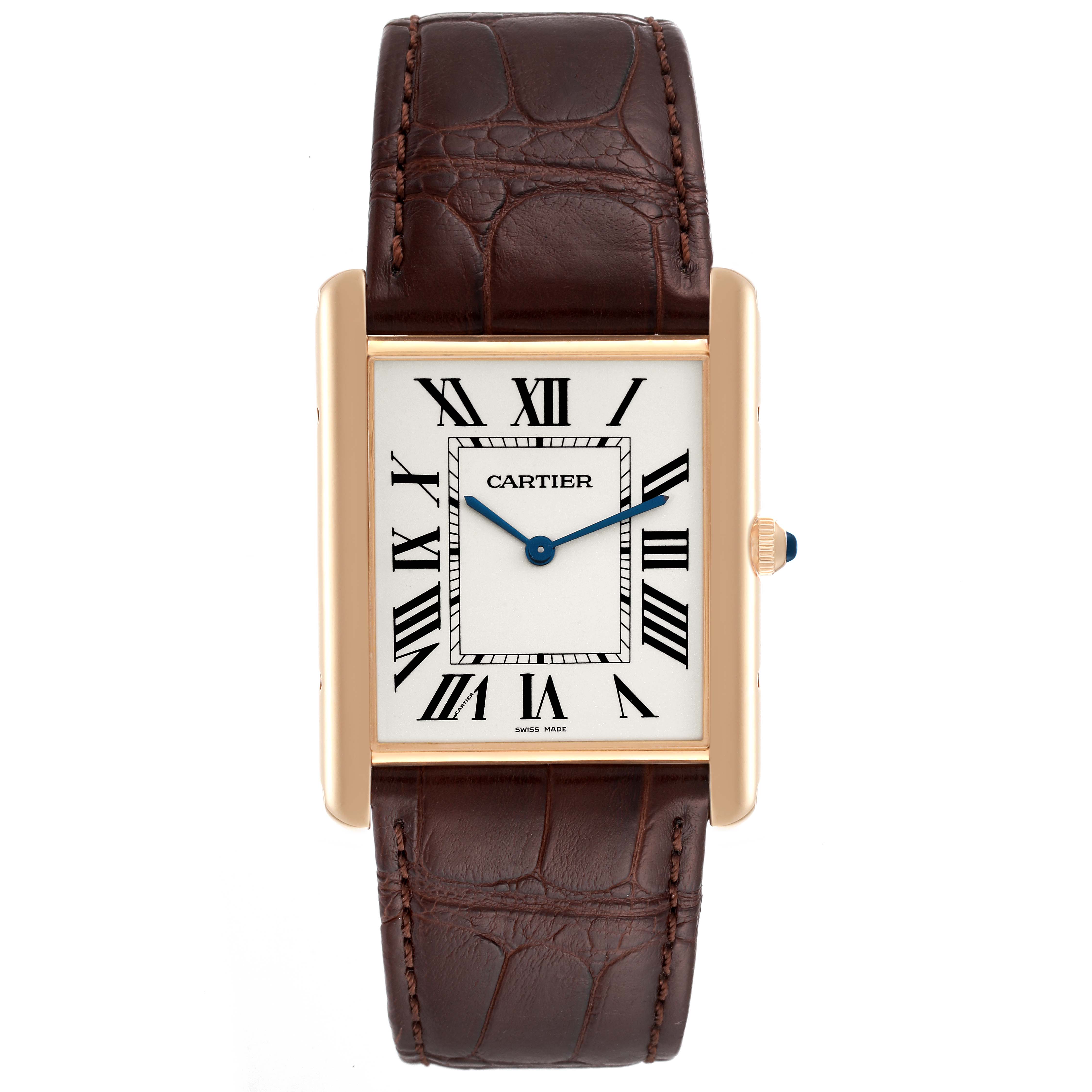 This image shows a front view of the Cartier Tank Louis W1560017 Men's Rose Gold Silver Dial W1560017 Men's Rose Gold Silver Dial watch, featuring its rectangular face, Roman numerals, and leather strap.