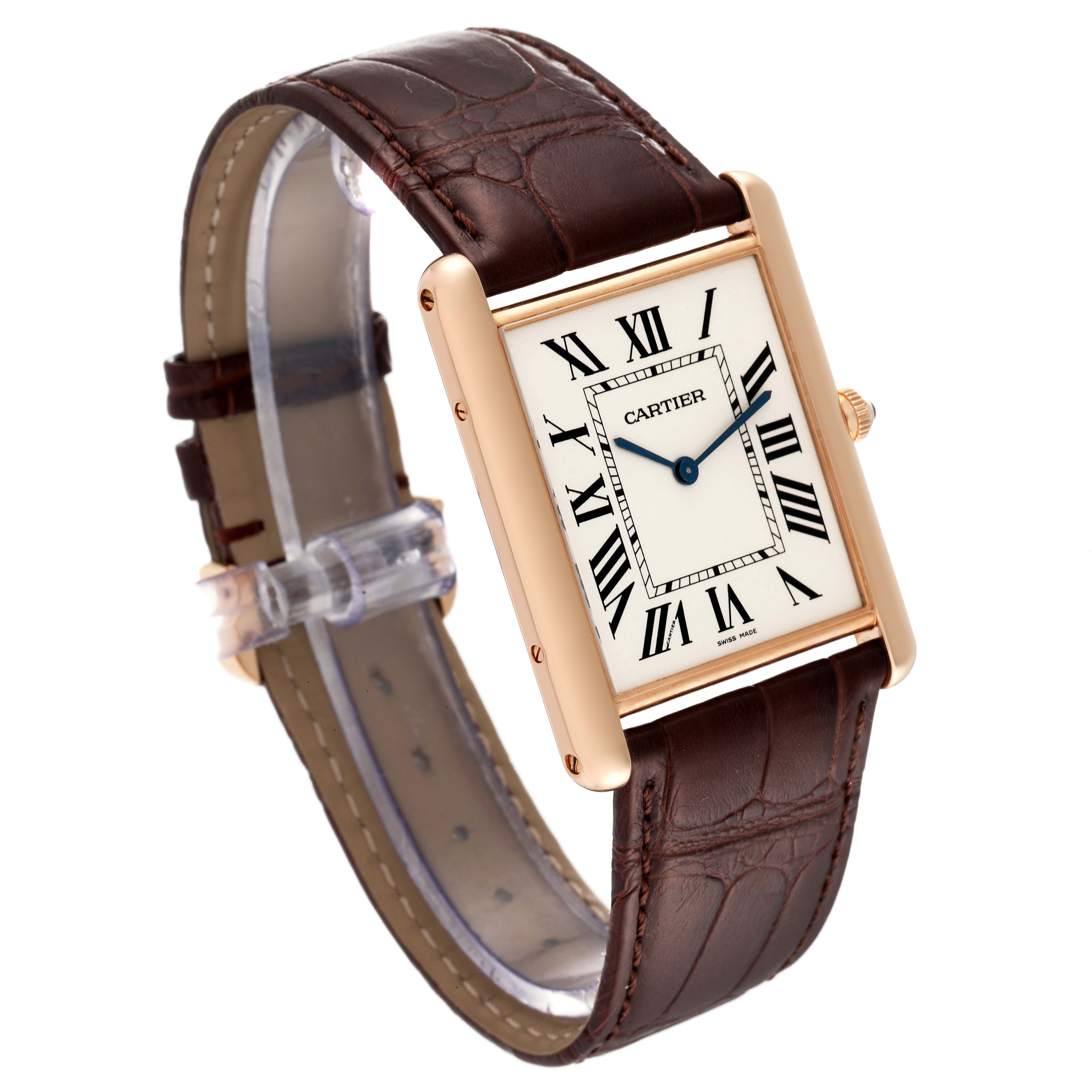 The image shows a Cartier Tank Louis W1560017 Men's Rose Gold Silver Dial W1560017 Men's Rose Gold Silver Dial watch in a three-quarter angle, highlighting its rectangular dial and brown leather strap.