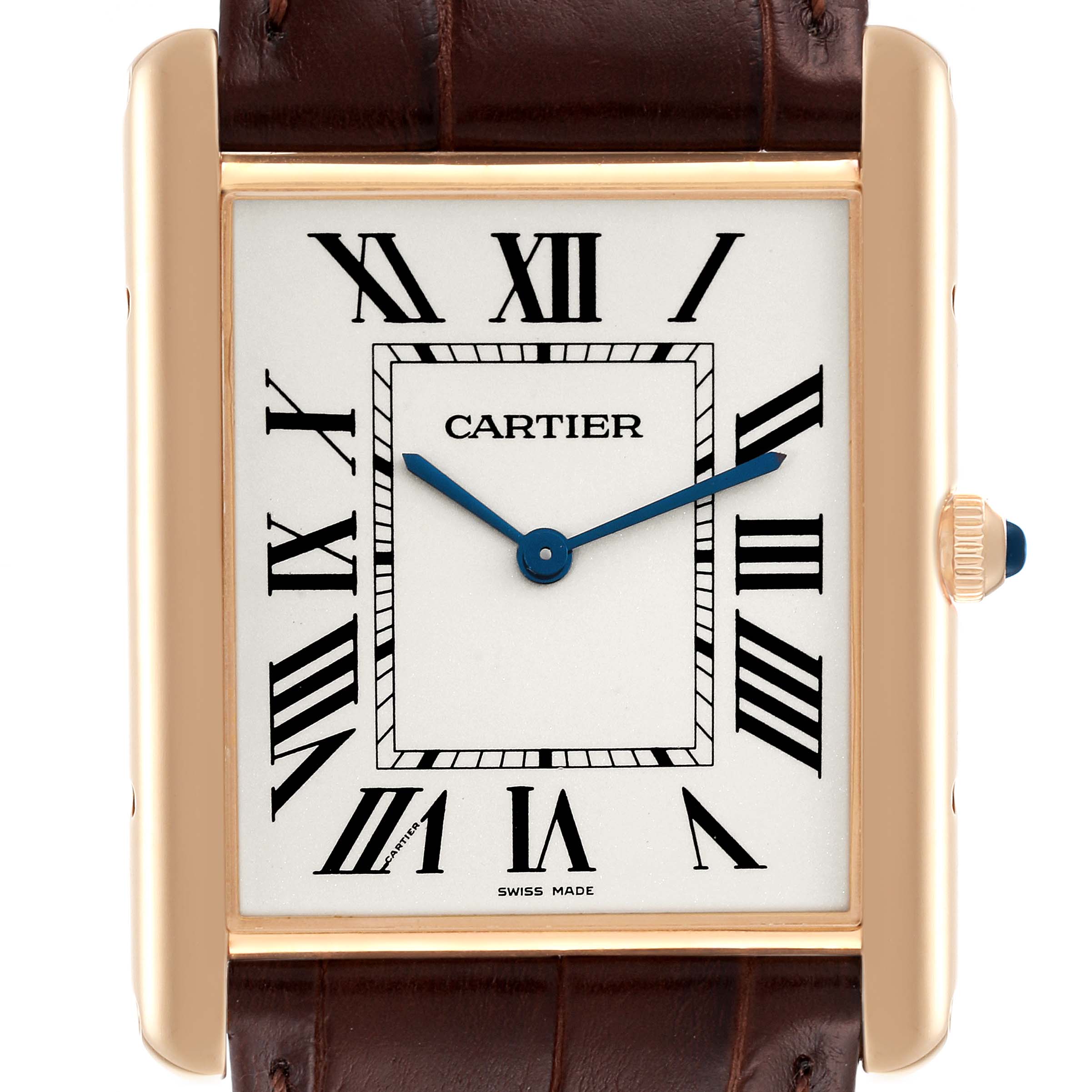 This is a close-up view of the face and leather strap of the Tank Louis model by Cartier.