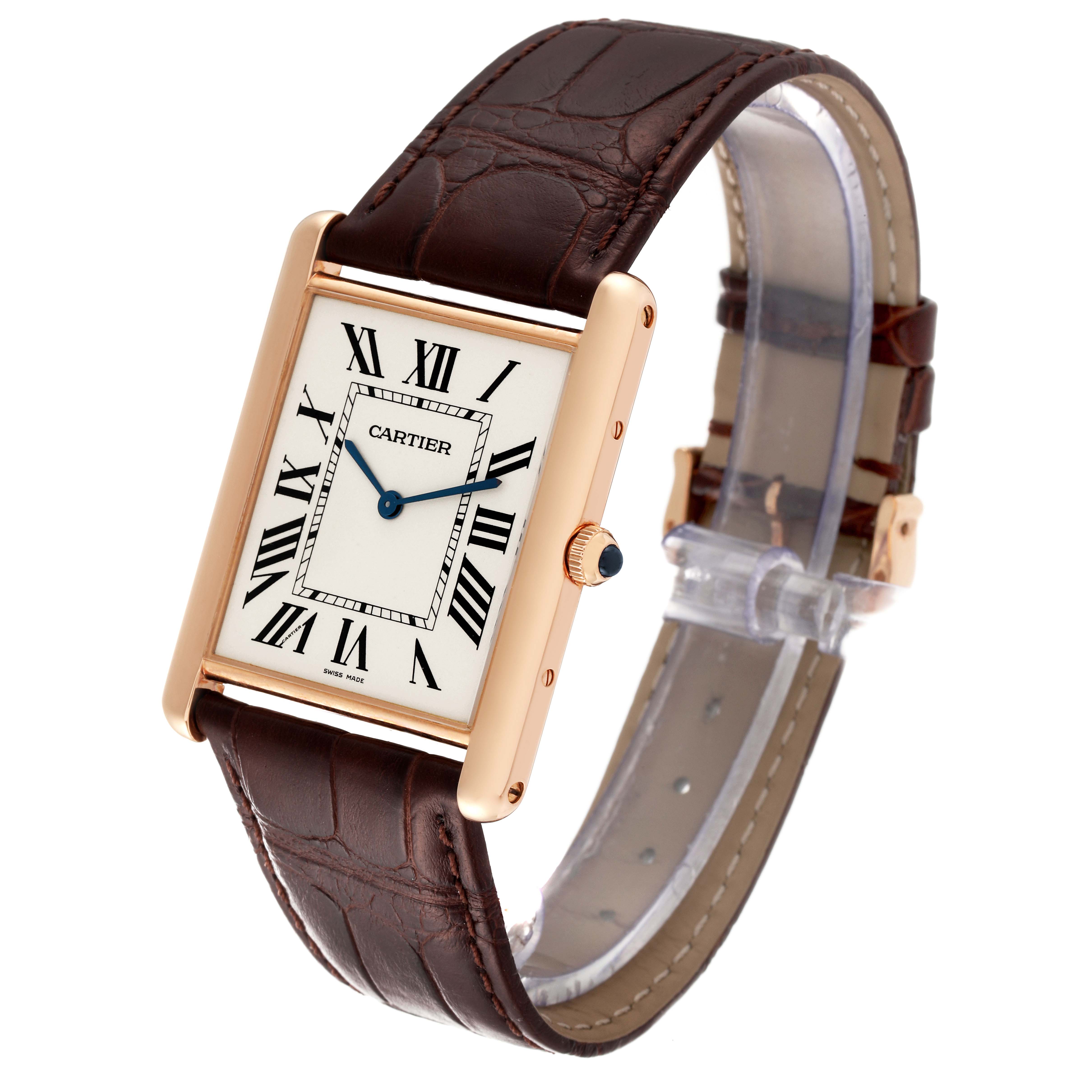 The image shows a Cartier Tank Louis W1560017 Men's Rose Gold Silver Dial W1560017 Men's Rose Gold Silver Dial watch at an angled front view, highlighting its brown leather strap and rectangular dial.