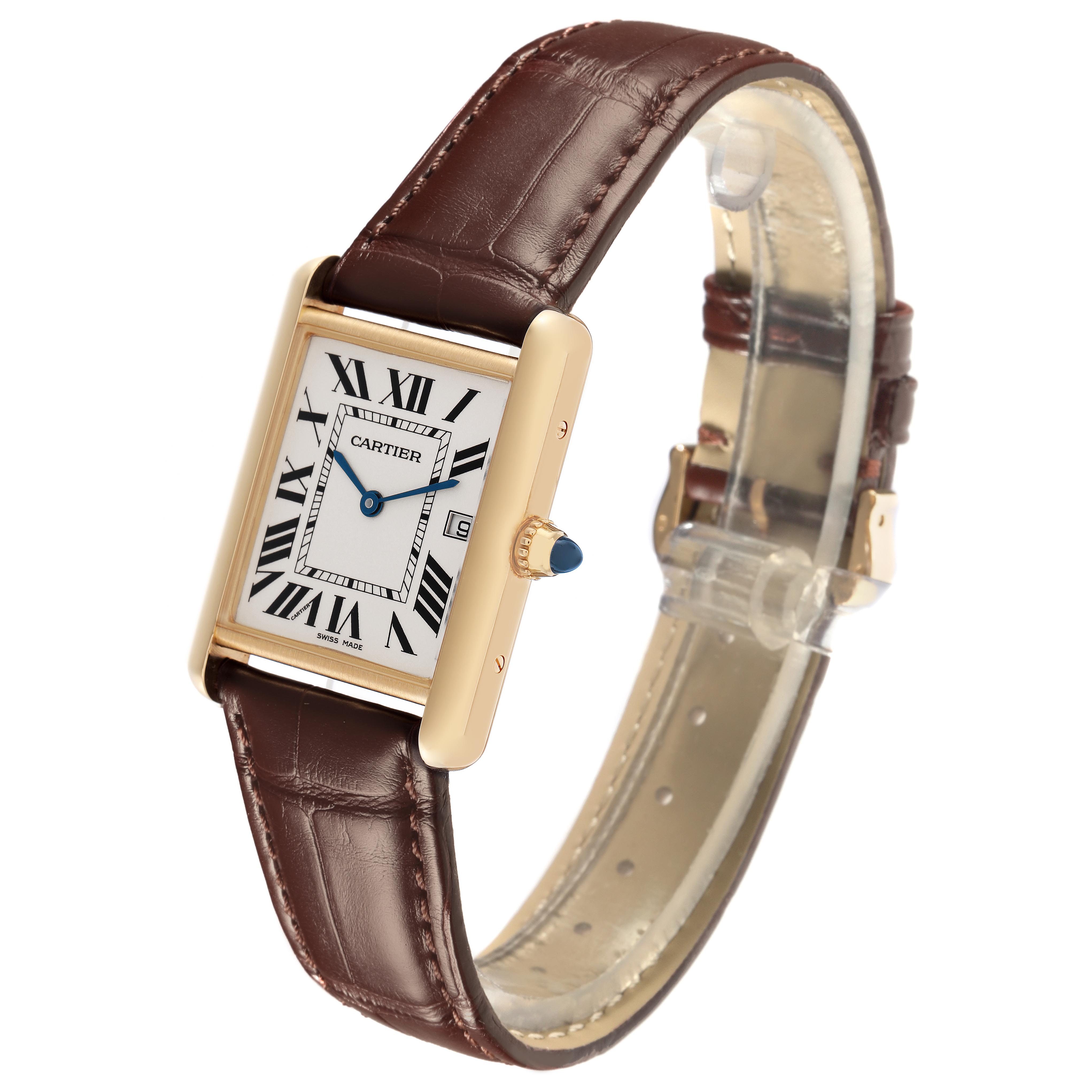 The Cartier Tank Louis W1529756 Men
s Yellow Gold Silver Dial W1529756 Men
s Yellow Gold Silver Dial watch is shown at an angled side view, displaying the rectangular case, dial, crown, and leather strap.