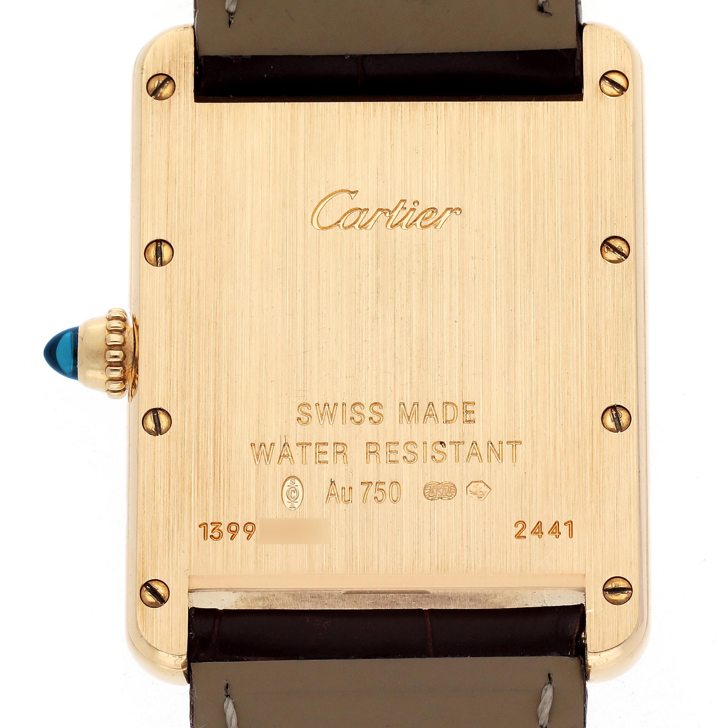 The image shows the back of the Cartier Tank Louis W1529756 Men
s Yellow Gold Silver Dial W1529756 Men
s Yellow Gold Silver Dial watch, highlighting engravings and the crown with a blue cabochon.