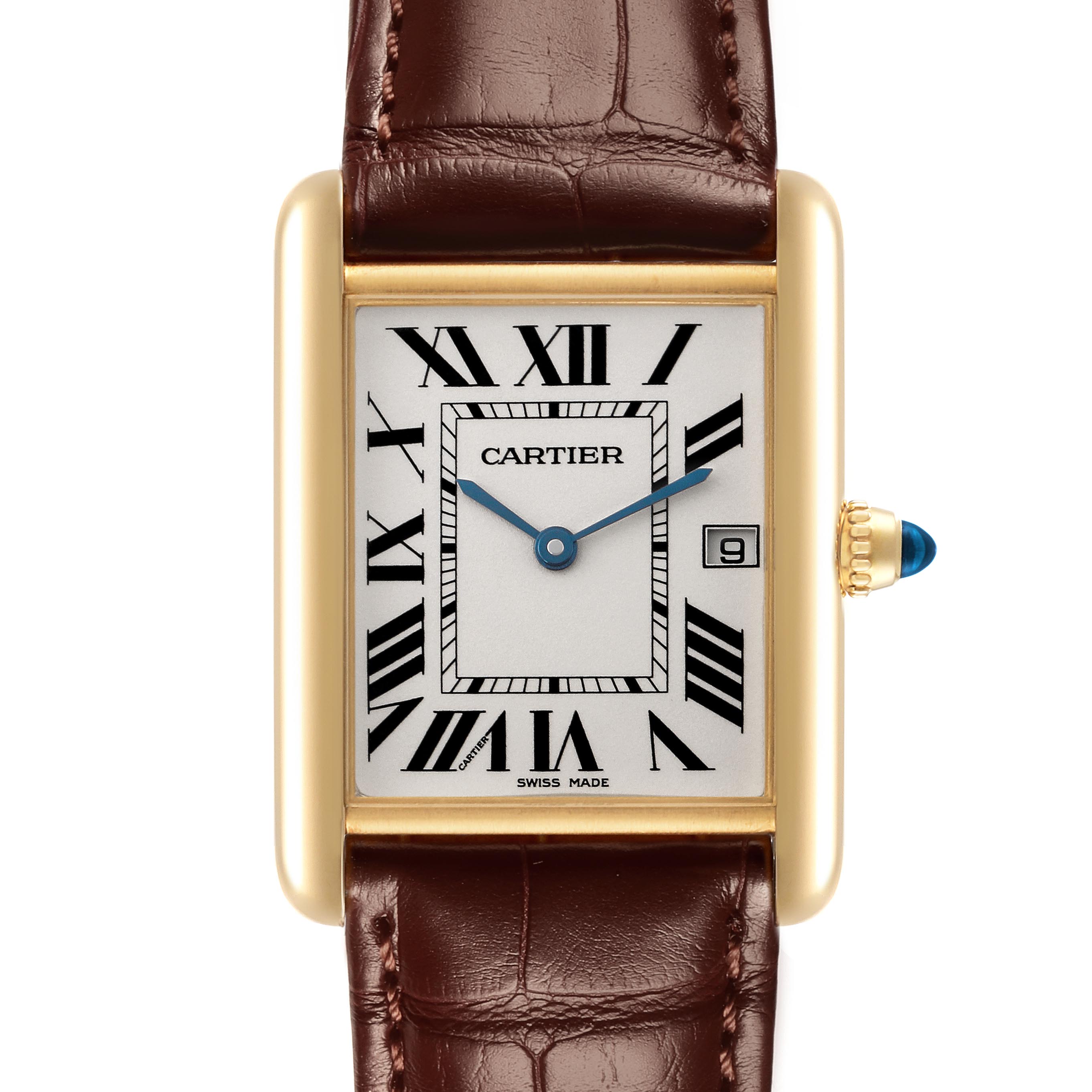 The Cartier Tank Louis W1529756 Men
s Yellow Gold Silver Dial W1529756 Men
s Yellow Gold Silver Dial watch is shown from the front, highlighting its rectangular dial, Roman numerals, and leather strap.