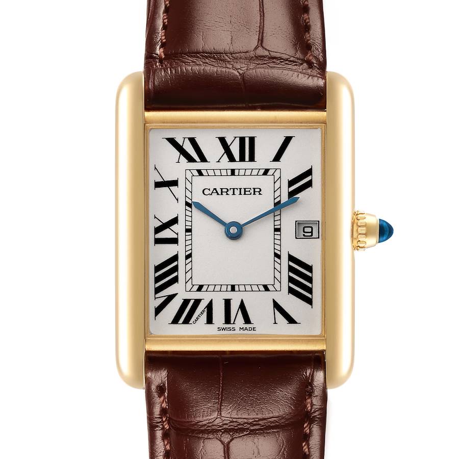 The Cartier Tank Louis watch is shown from the front, highlighting its rectangular dial, Roman numerals, and leather strap.