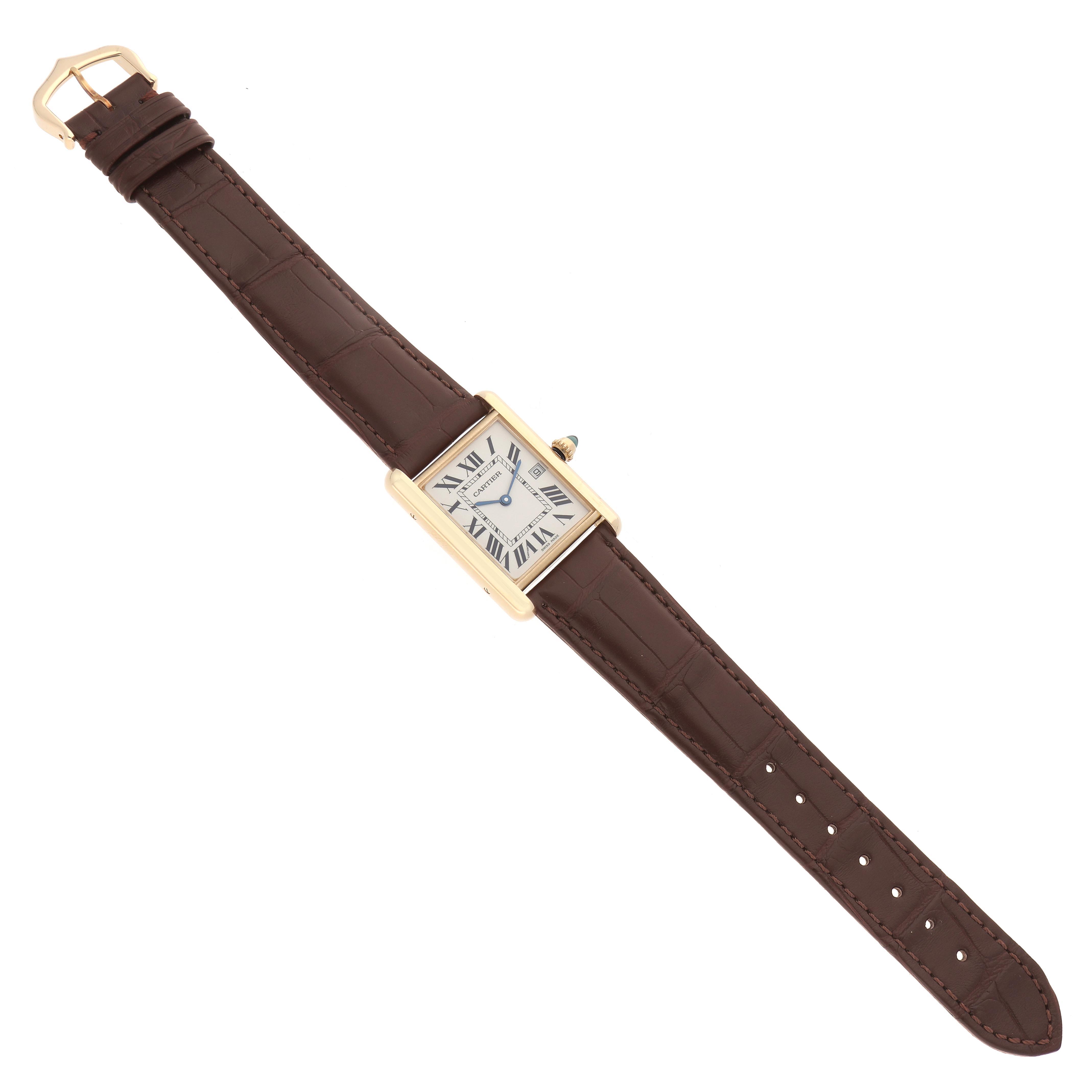 The Cartier Tank Louis W1529756 Men
s Yellow Gold Silver Dial W1529756 Men
s Yellow Gold Silver Dial watch is shown from a top angle, highlighting its face, rectangular case, and brown leather strap.