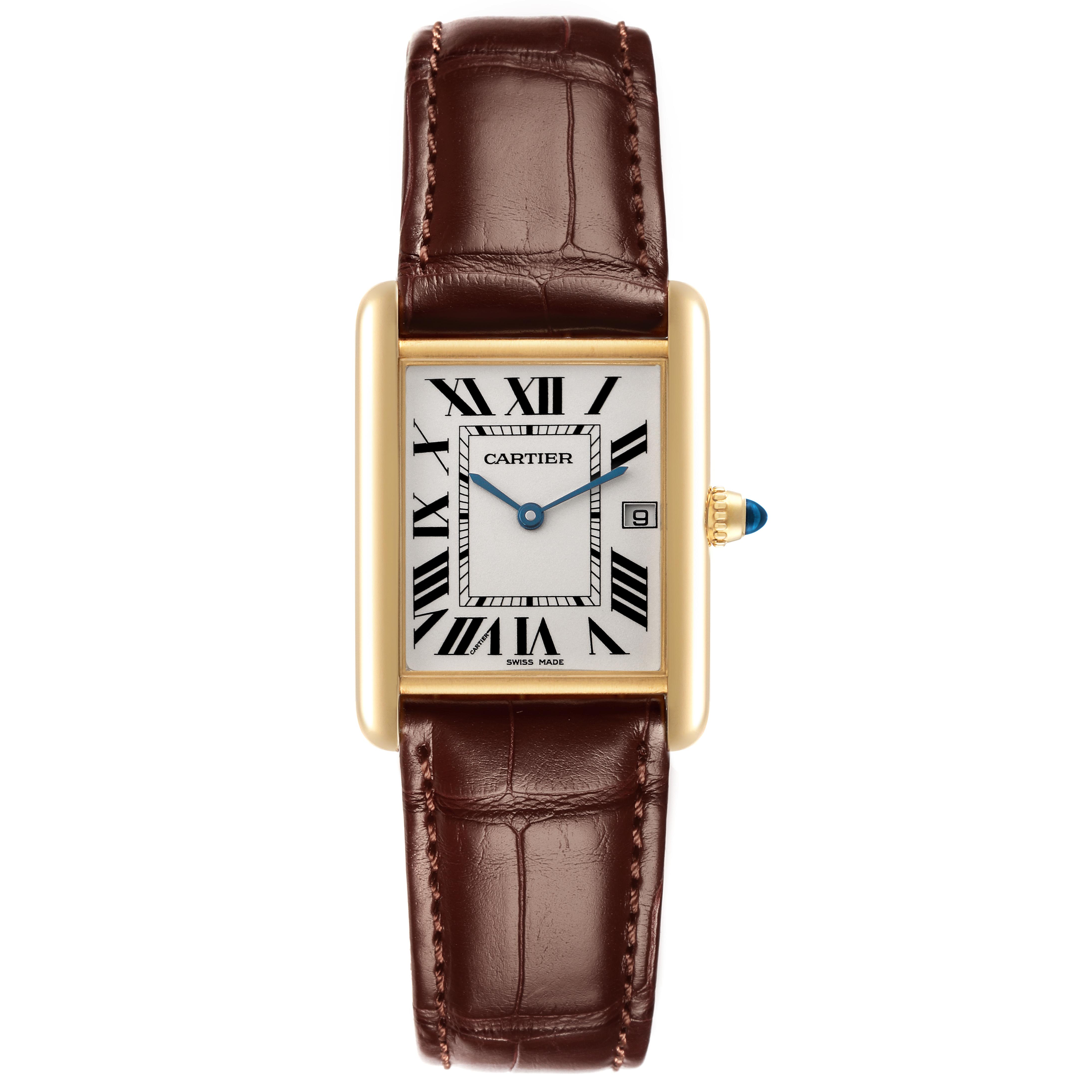 The Cartier Tank Louis W1529756 Men
s Yellow Gold Silver Dial W1529756 Men
s Yellow Gold Silver Dial watch is shown from the front, highlighting the face, leather strap, and side crown.