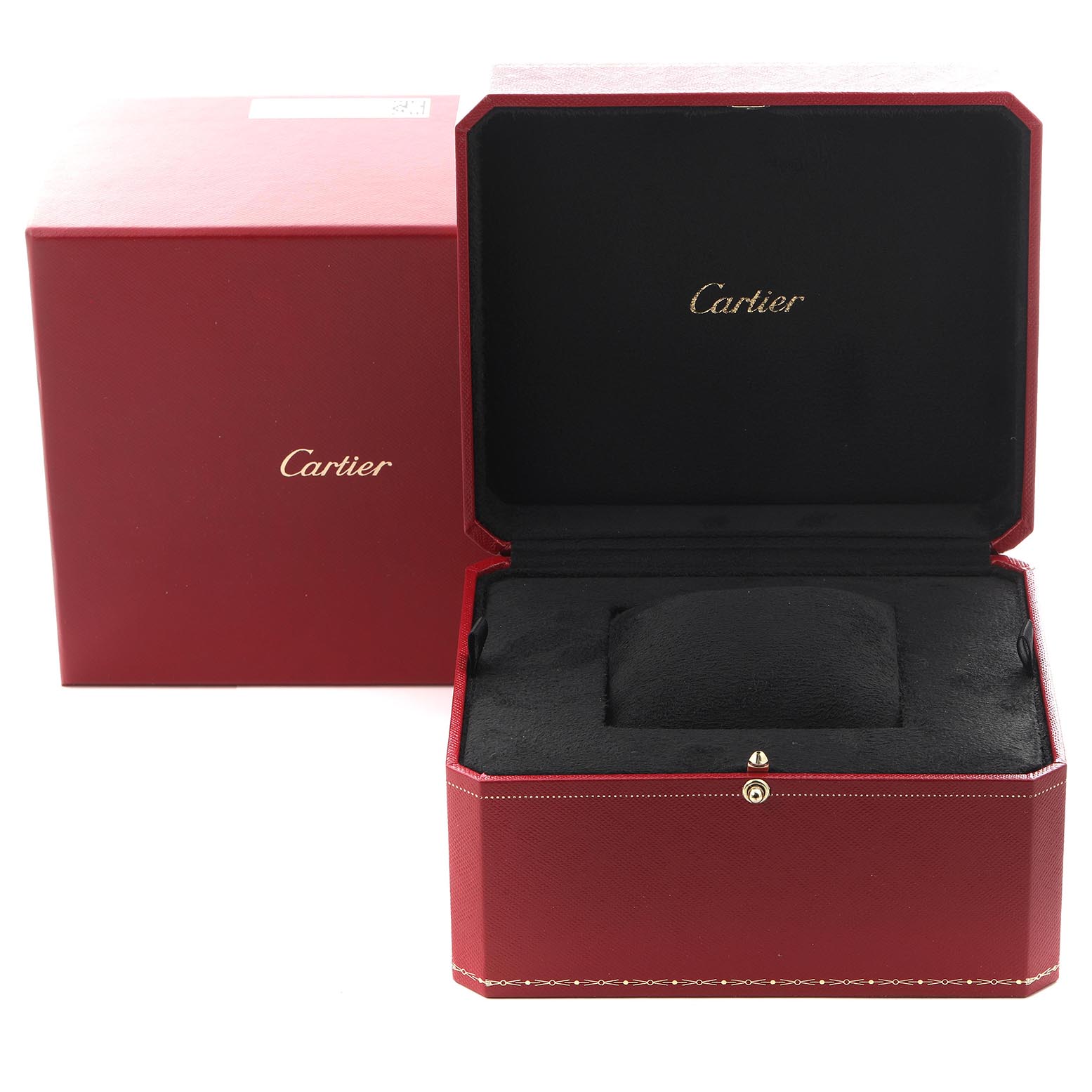 The image shows the Cartier Tank Louis W1529756 Men
s Yellow Gold Silver Dial W1529756 Men
s Yellow Gold Silver Dial watch box, open with an empty cushion inside, alongside a closed red box.