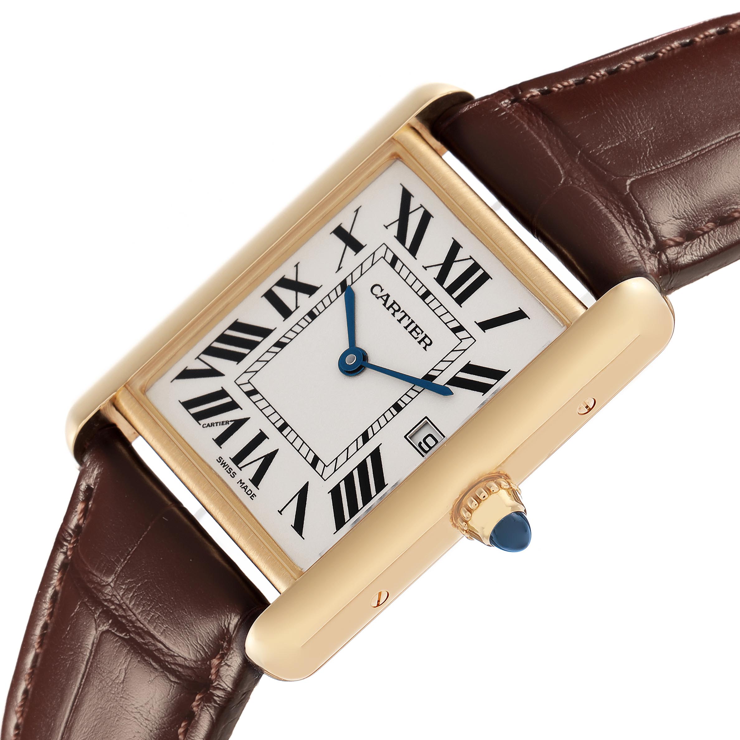 The Cartier Tank Louis W1529756 Men
s Yellow Gold Silver Dial W1529756 Men
s Yellow Gold Silver Dial watch is shown at an angled top view, highlighting the dial, Roman numerals, and crown with a blue cabochon.