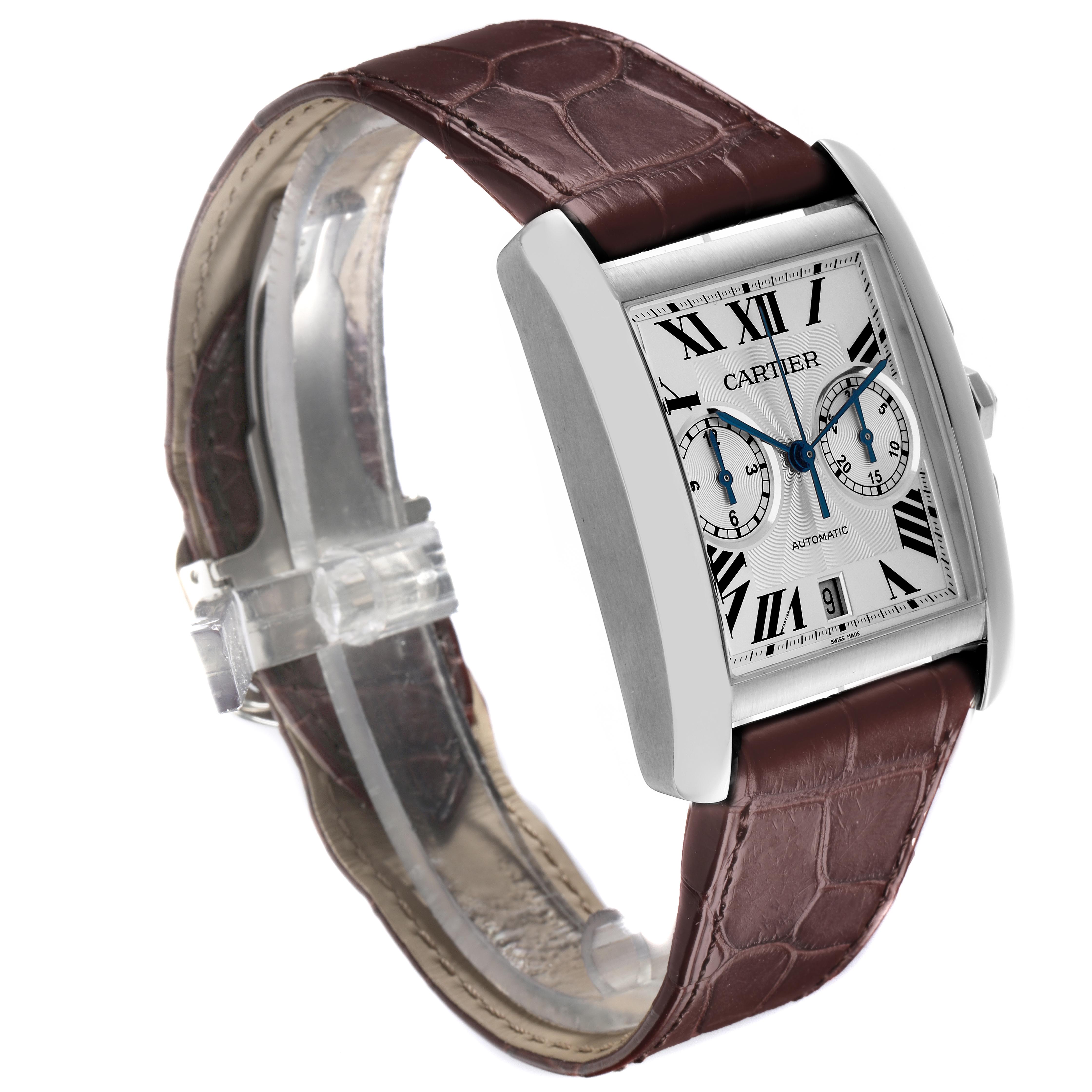 The Cartier Tank MC W5330007 Men
s Stainless Steel Silver Dial W5330007 Men
s Stainless Steel Silver Dial watch is shown at a slight angle, highlighting the face, Roman numerals, and brown alligator strap.