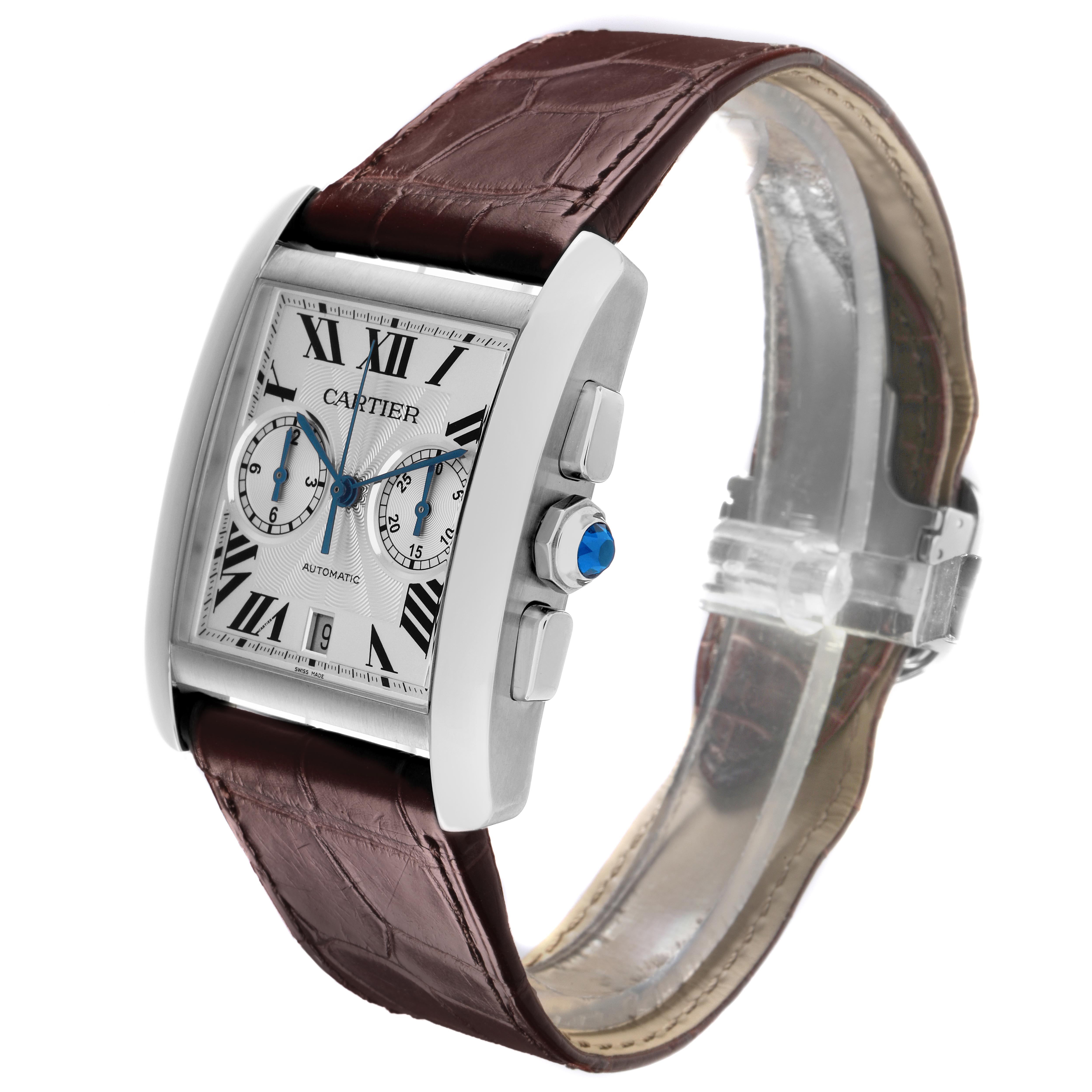 The Cartier Tank MC W5330007 Men
s Stainless Steel Silver Dial W5330007 Men
s Stainless Steel Silver Dial watch is shown at a three-quarter angle, highlighting the face, side buttons, and leather strap.