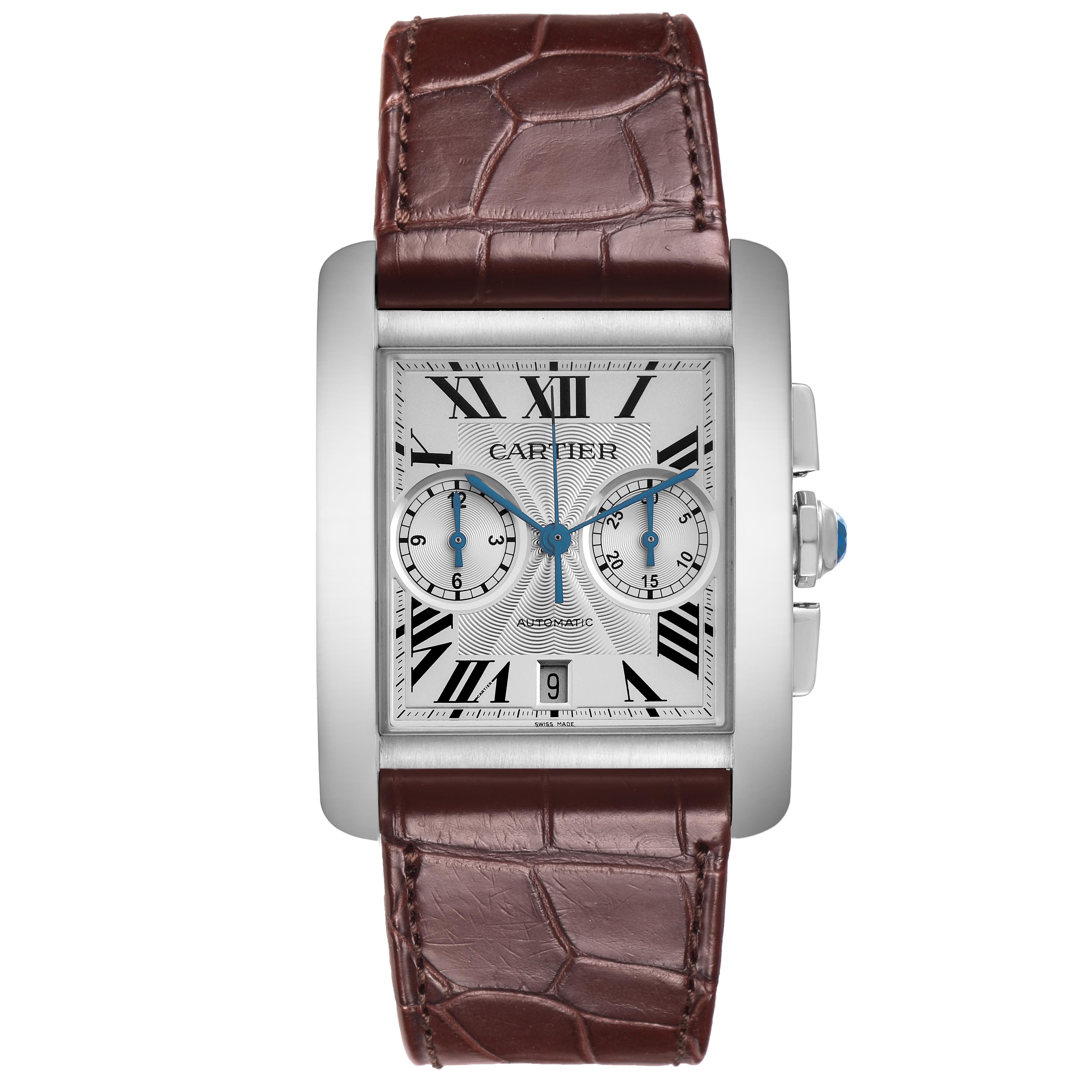 The Cartier Tank MC W5330007 Men
s Stainless Steel Silver Dial W5330007 Men
s Stainless Steel Silver Dial watch is shown from a front angle, displaying its face and brown leather strap.