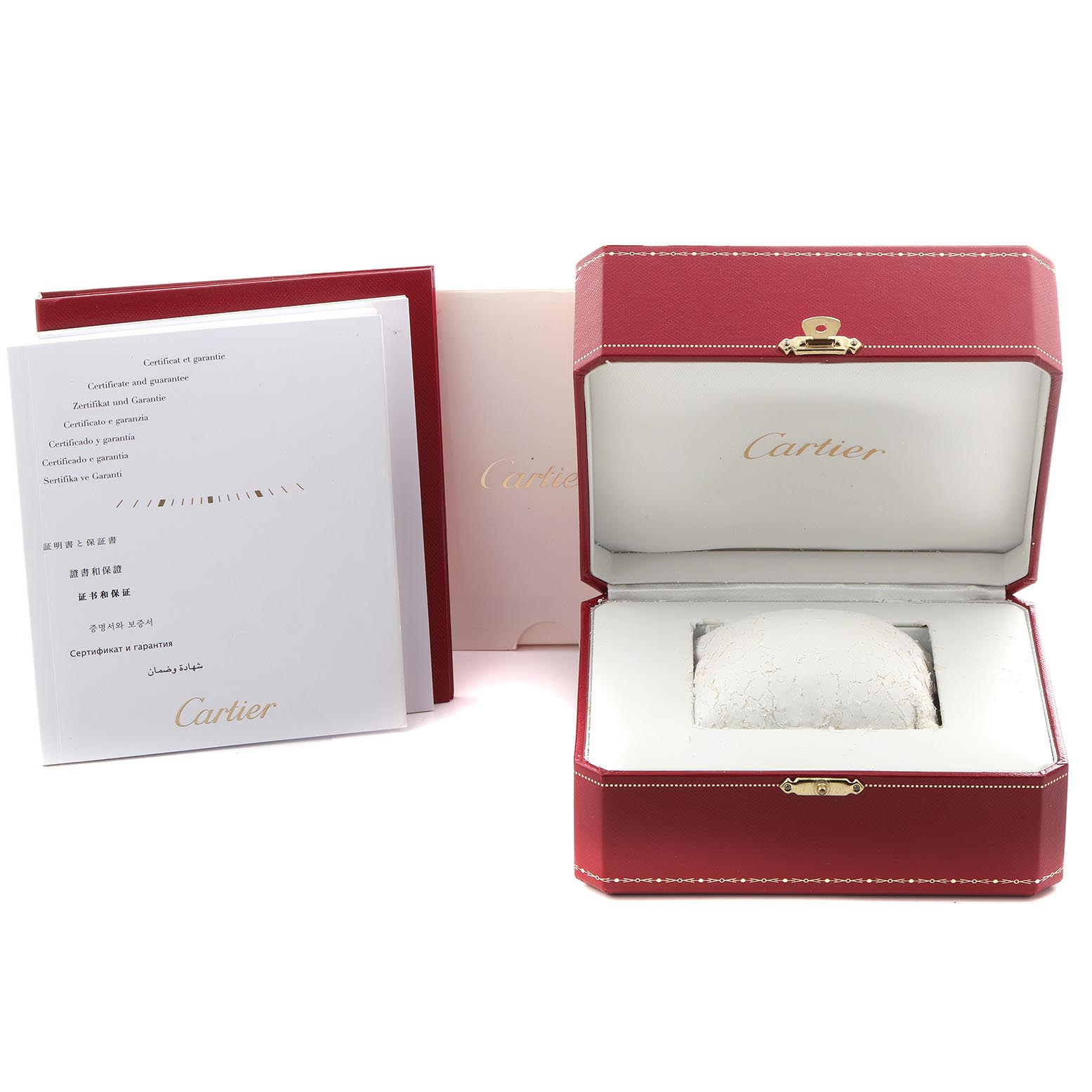 The image shows a Cartier Tank MC W5330007 Men
s Stainless Steel Silver Dial W5330007 Men
s Stainless Steel Silver Dial watch box and documents viewed from the front.