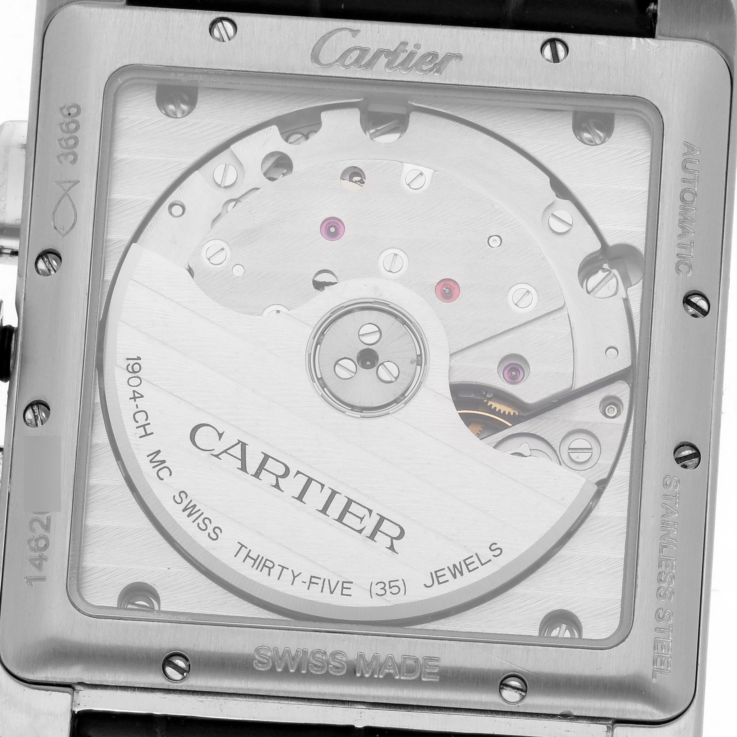 The image shows the back of the Cartier Tank MC W5330007 Men
s Stainless Steel Silver Dial W5330007 Men
s Stainless Steel Silver Dial watch, highlighting its automatic movement and internal components.