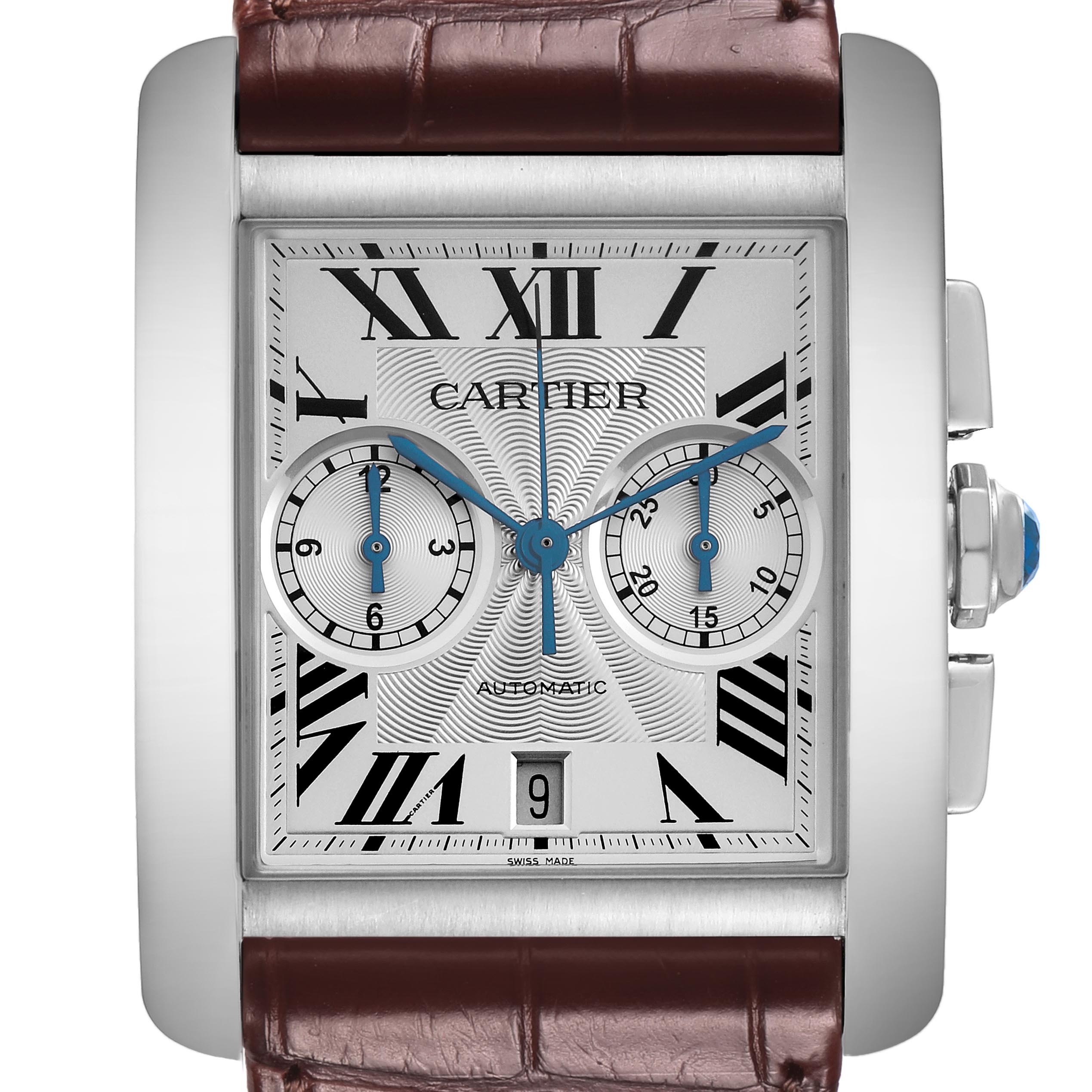 The Cartier Tank MC W5330007 Men
s Stainless Steel Silver Dial W5330007 Men
s Stainless Steel Silver Dial watch is shown from a front angle, displaying its dial, crown, and part of the strap.