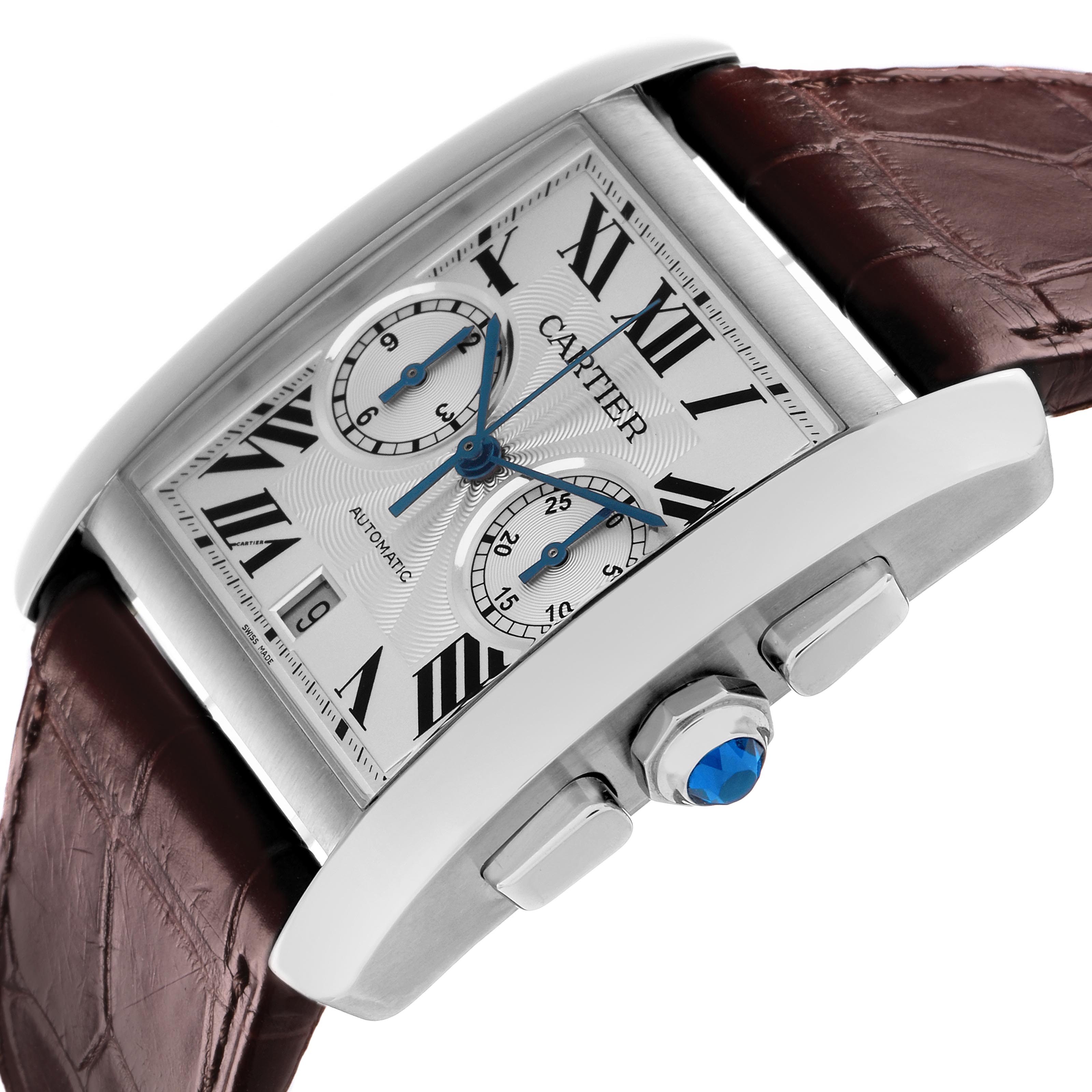 The Cartier Tank MC W5330007 Men
s Stainless Steel Silver Dial W5330007 Men
s Stainless Steel Silver Dial watch is shown from an angled close-up, highlighting the dial, case, crown, and part of the strap.
