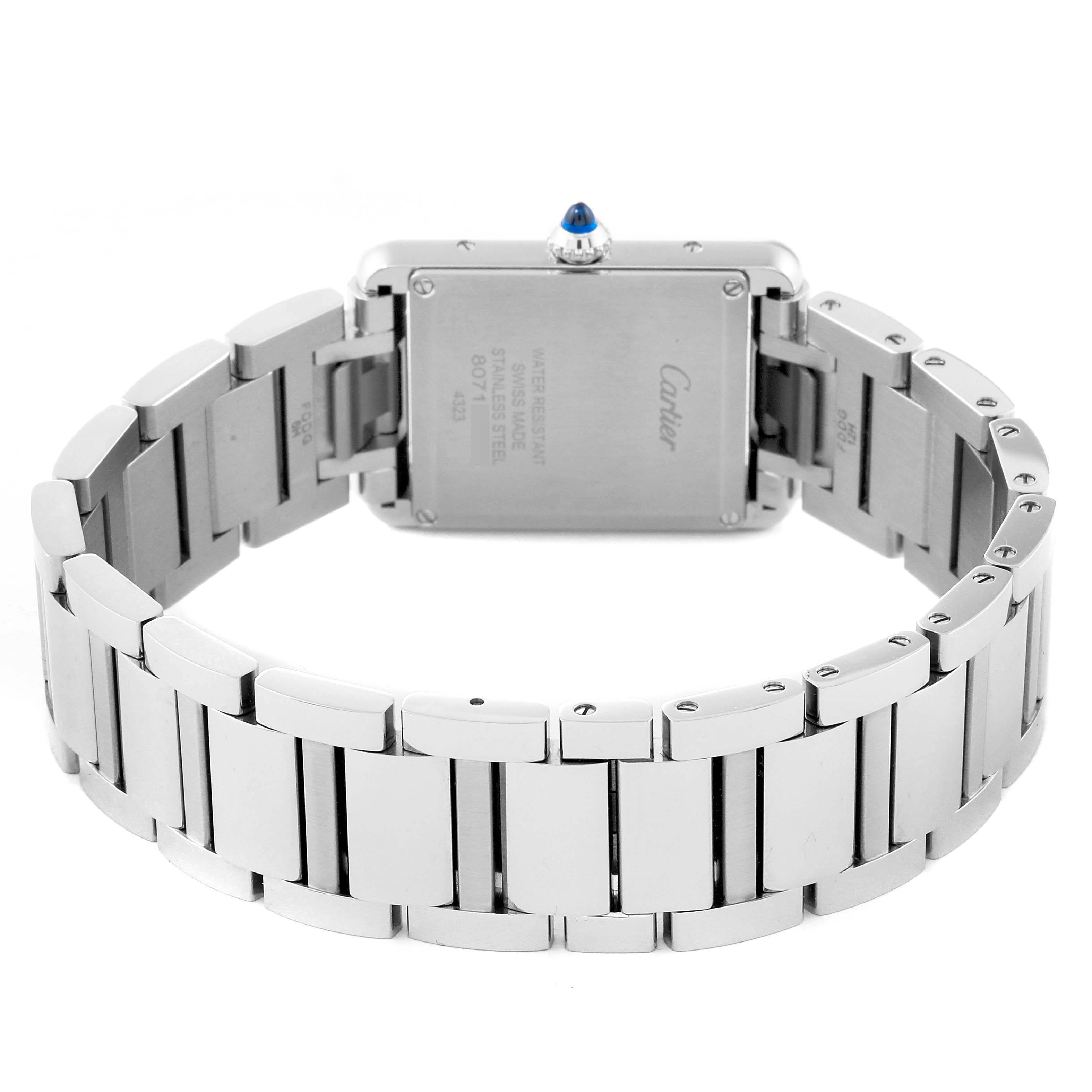 This image shows the back view of the Cartier Tank Must WSTA0052 Women's Stainless Steel Silver Dial WSTA0052 Women's Stainless Steel Silver Dial watch, highlighting the metal bracelet and case back details.