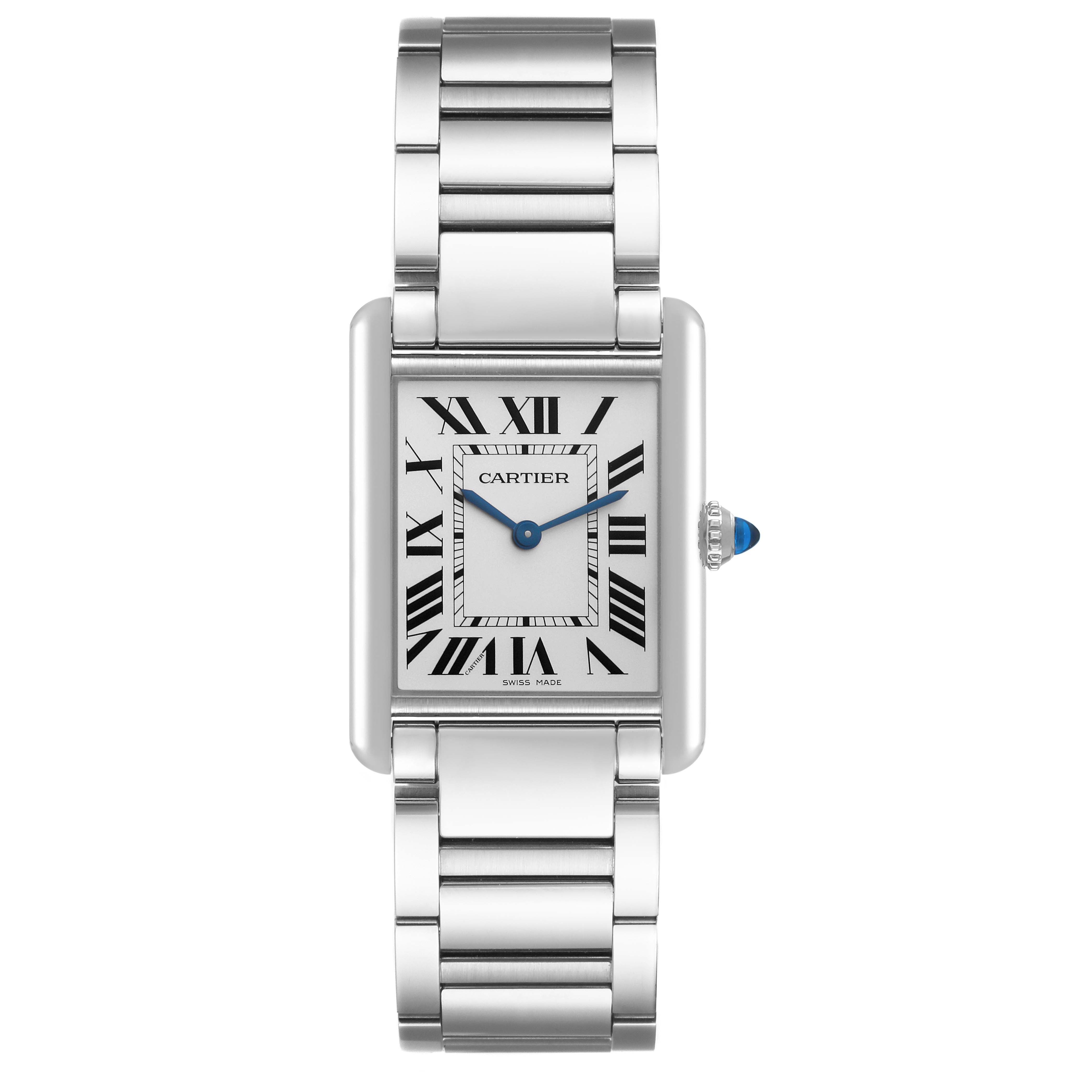 The image shows a front view of the Cartier Tank Must WSTA0052 Women's Stainless Steel Silver Dial WSTA0052 Women's Stainless Steel Silver Dial watch with a stainless steel bracelet and Roman numeral dial.