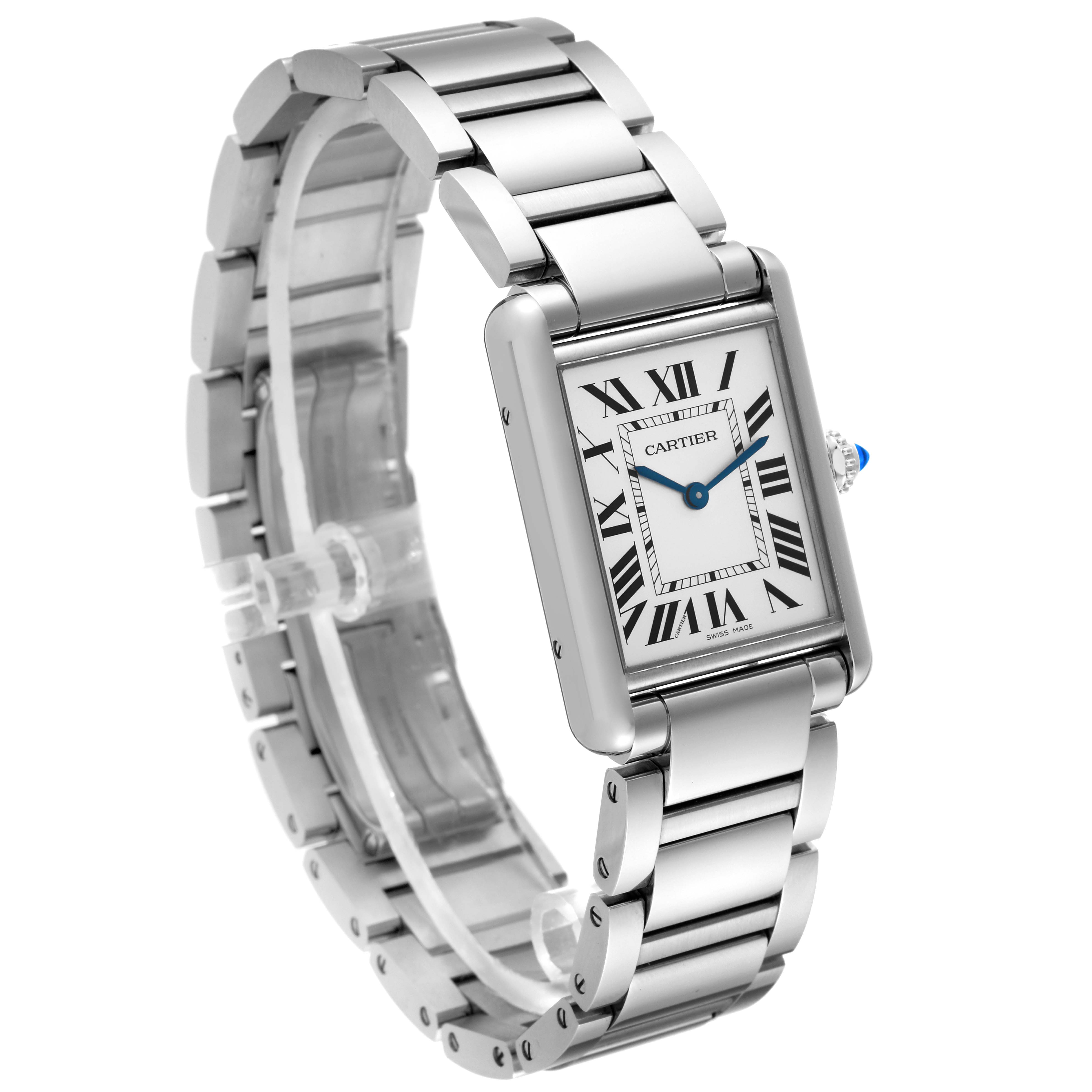 The image shows a Cartier Tank Must WSTA0052 Women's Stainless Steel Silver Dial WSTA0052 Women's Stainless Steel Silver Dial watch at a three-quarter angle, highlighting its rectangular face and stainless steel bracelet.