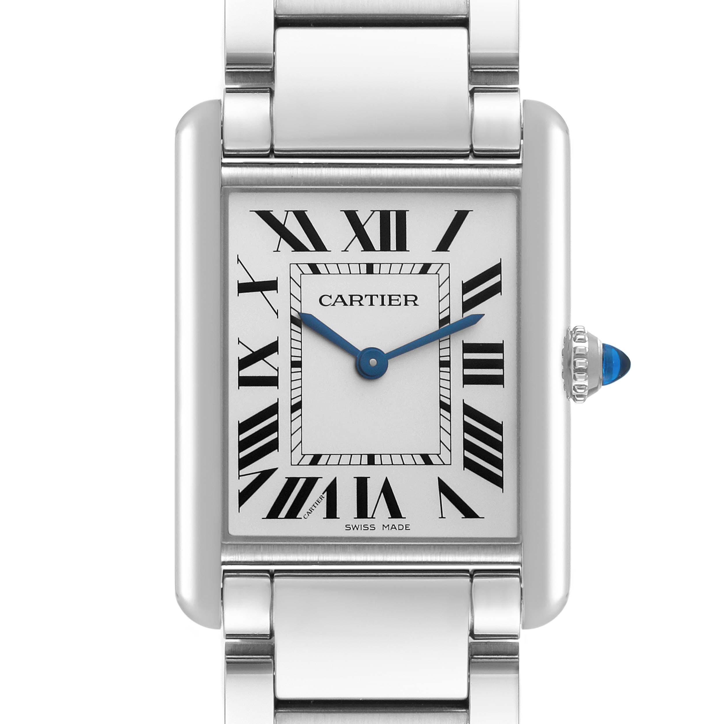 This image shows a close-up view of the Tank Must watch face and strap by Cartier from the front angle.